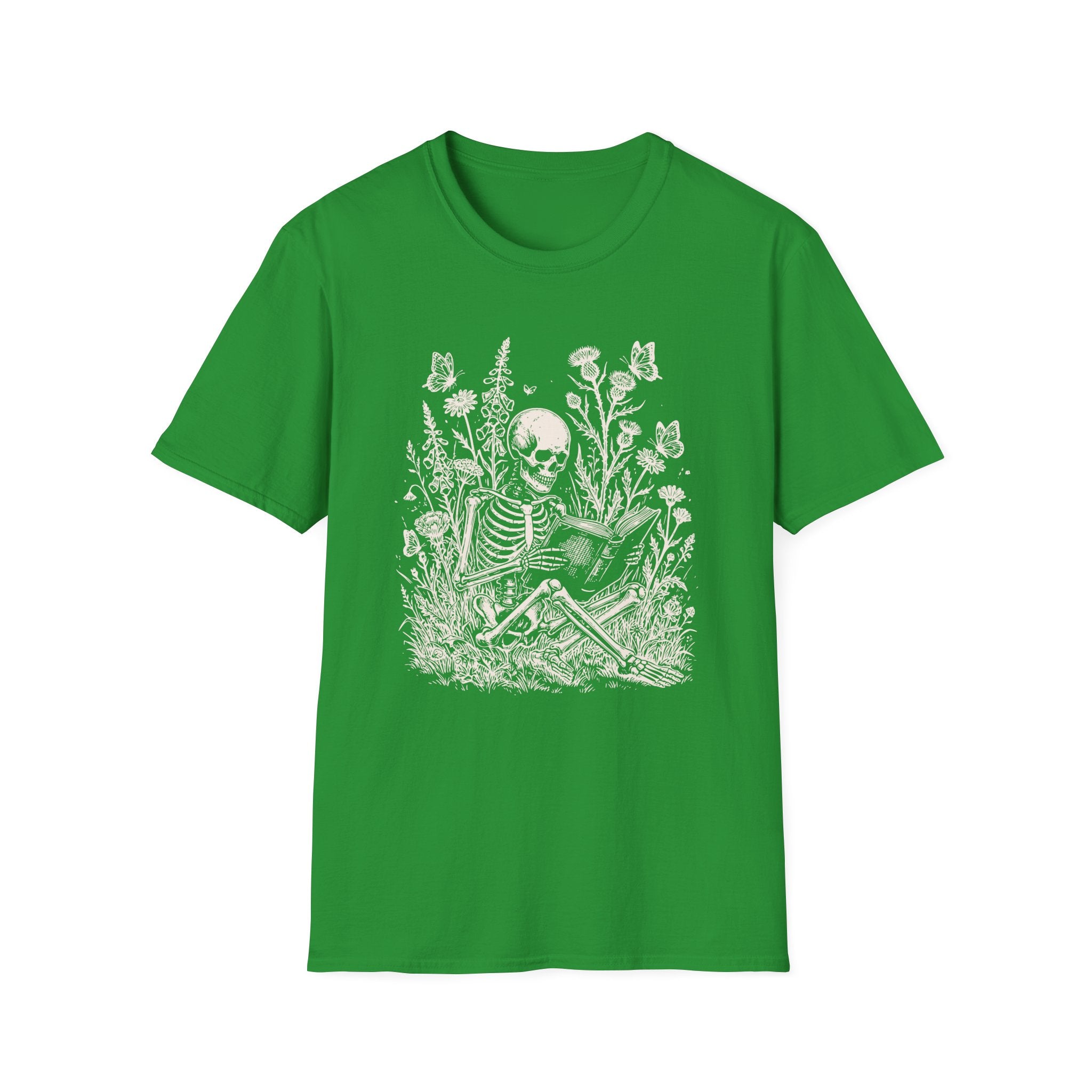 Skeleton Reading in Wildflowers T-Shirt — Gothic Floral Skull Tee