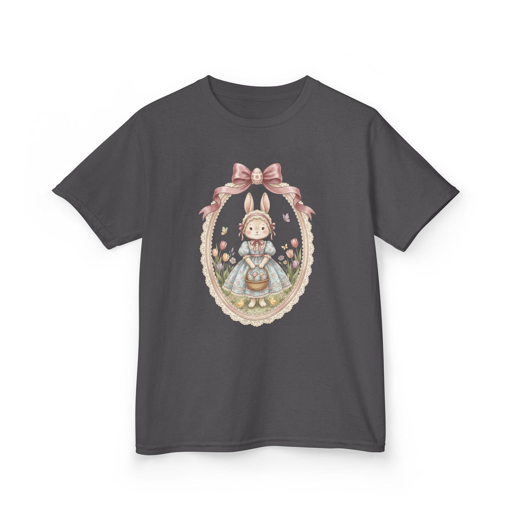 Kids T-Shirt — Vintage Bunny Girl Oval Portrait Tee (Pastel Floral, Bow Accent)