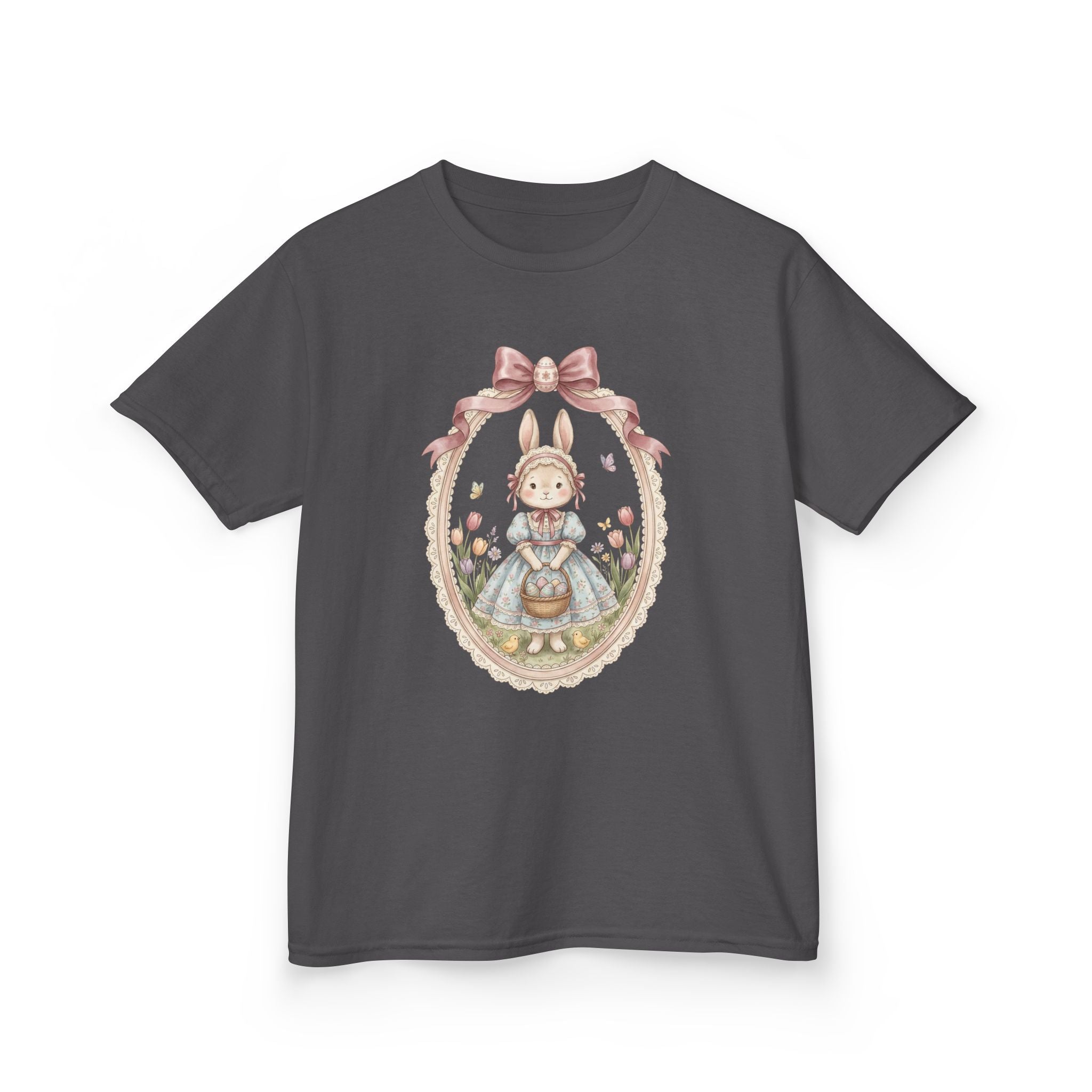 Kids T-Shirt — Vintage Bunny Girl Oval Portrait Tee (Pastel Floral, Bow Accent)