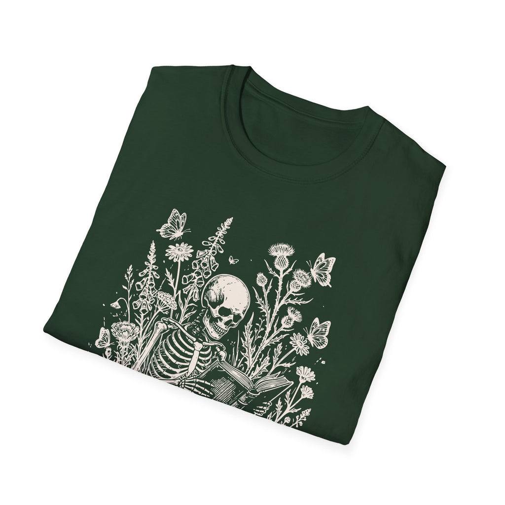 Skeleton Reading in Wildflowers T-Shirt — Gothic Floral Skull Tee