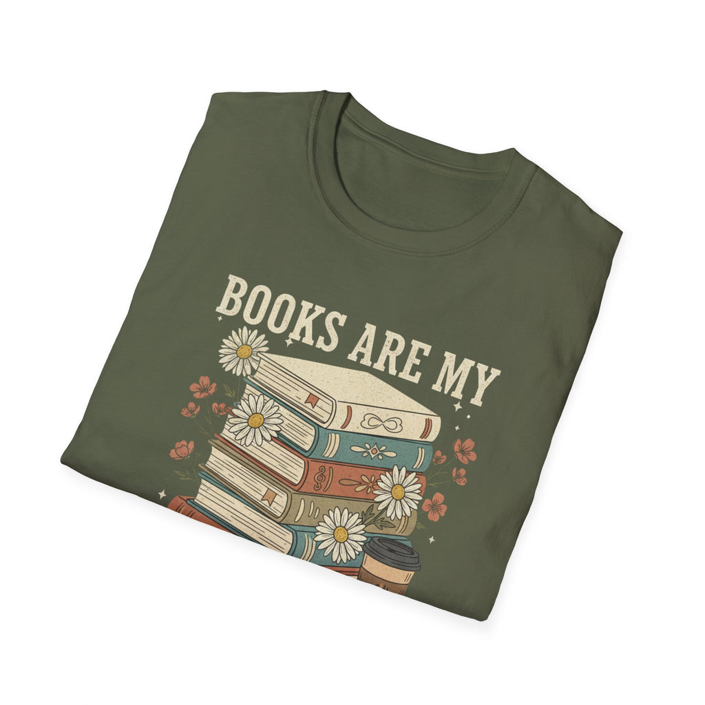 Books Are My Therapy T-Shirt — Stack of Books & Coffee Literary Tee