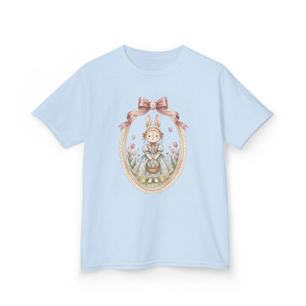 Kids T-Shirt — Vintage Bunny Girl Oval Portrait Tee (Pastel Floral, Bow Accent)