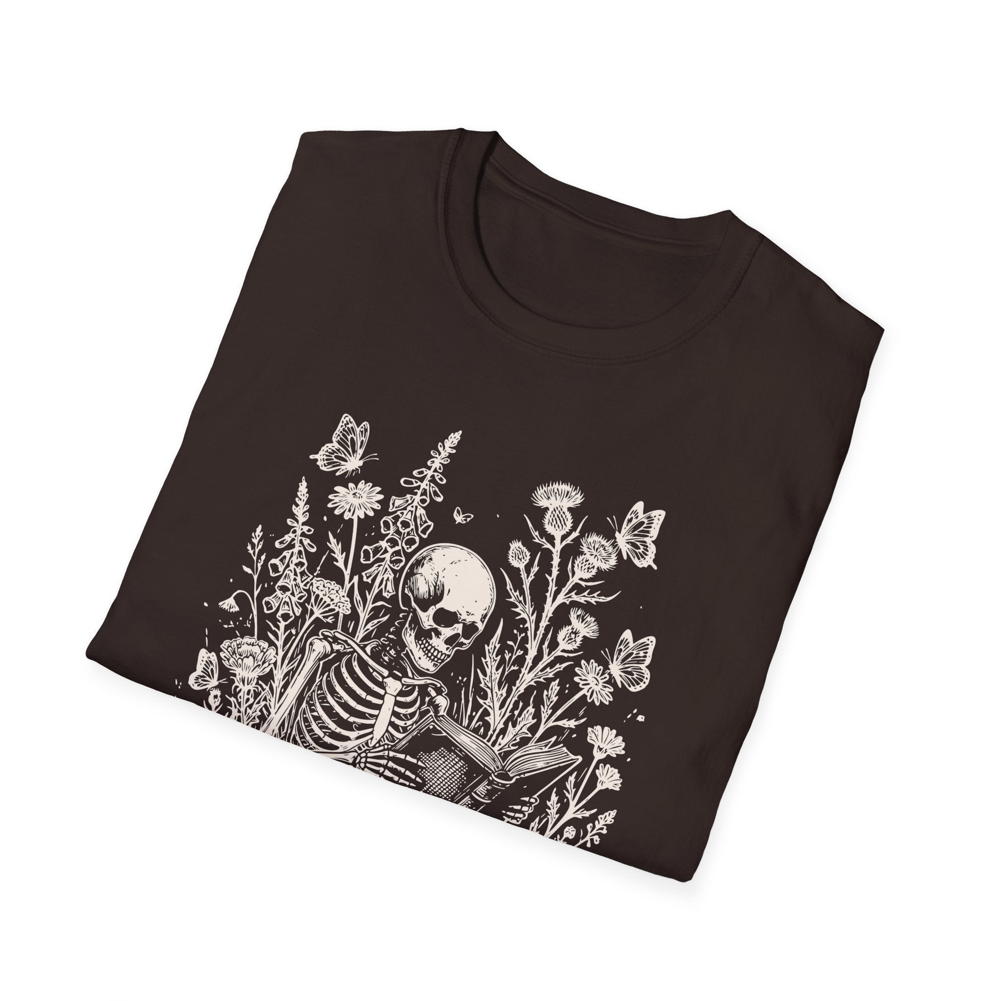 Skeleton Reading in Wildflowers T-Shirt — Gothic Floral Skull Tee