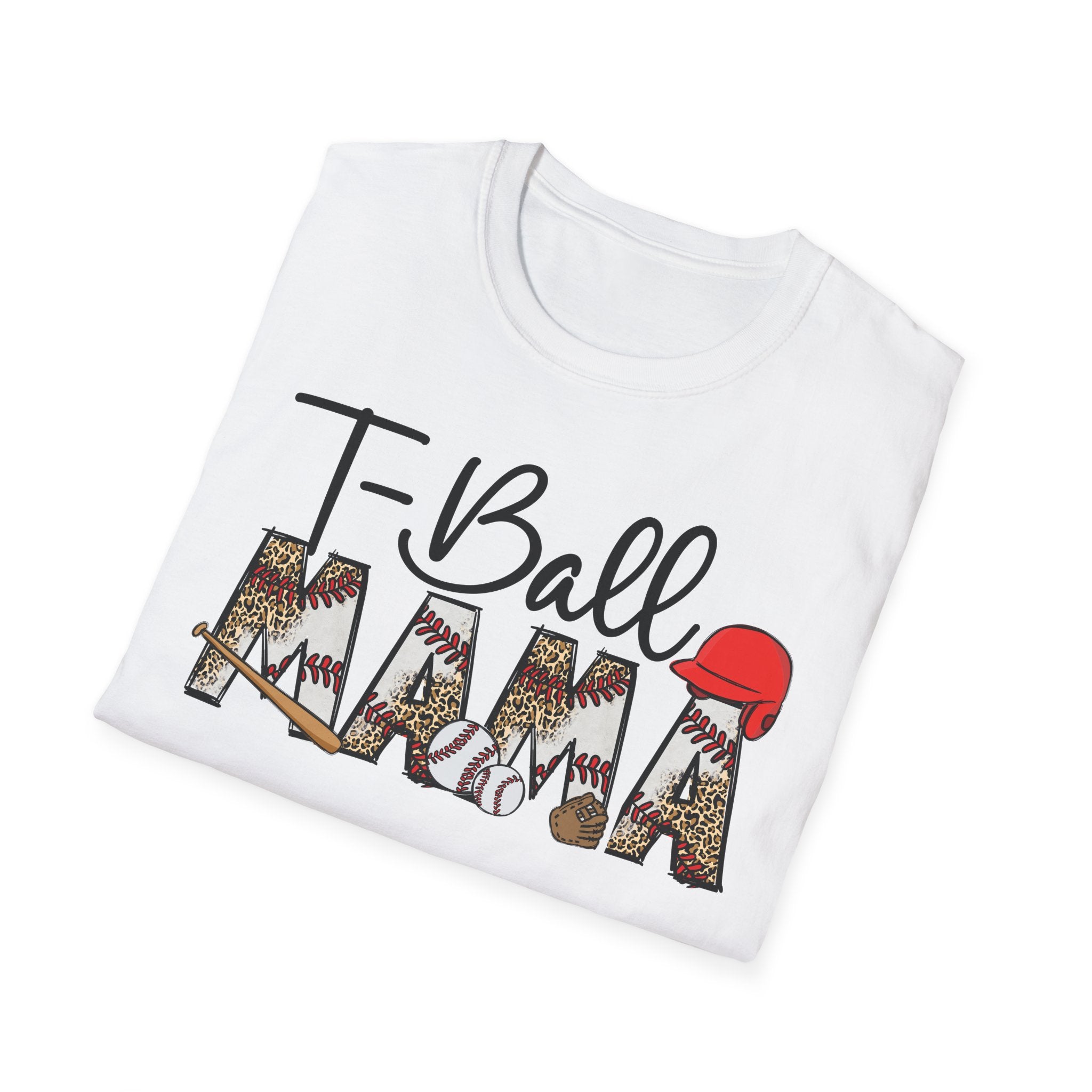 T‑Ball Mama T-Shirt — Leopard Print 'Mama' with Red Cap, Cute Sports Mom Tee