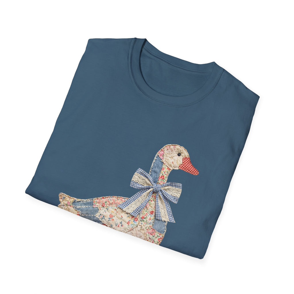 Vintage Patchwork Duck T-Shirt — Cute Floral Goose with Bow Tee