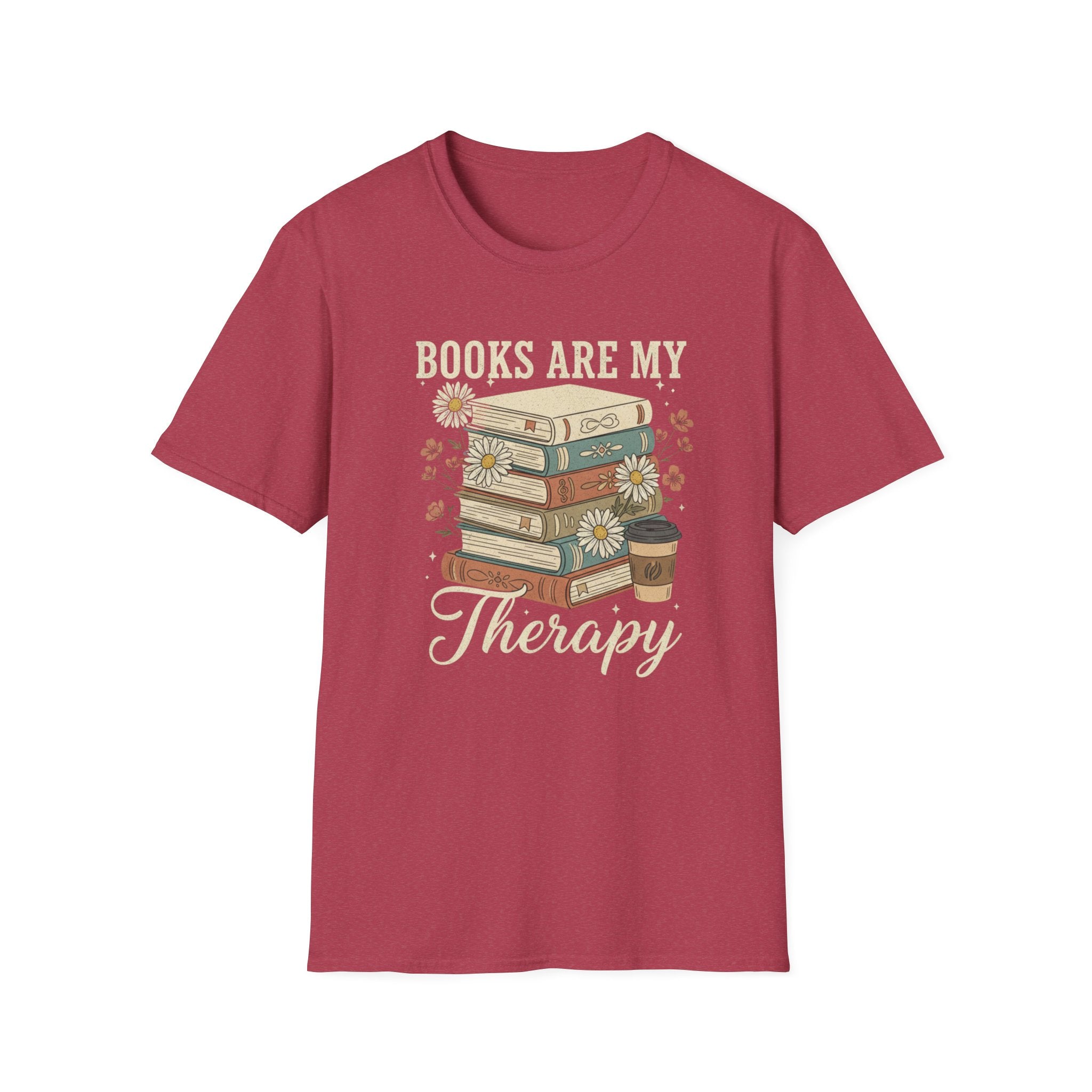Books Are My Therapy T-Shirt — Stack of Books & Coffee Literary Tee