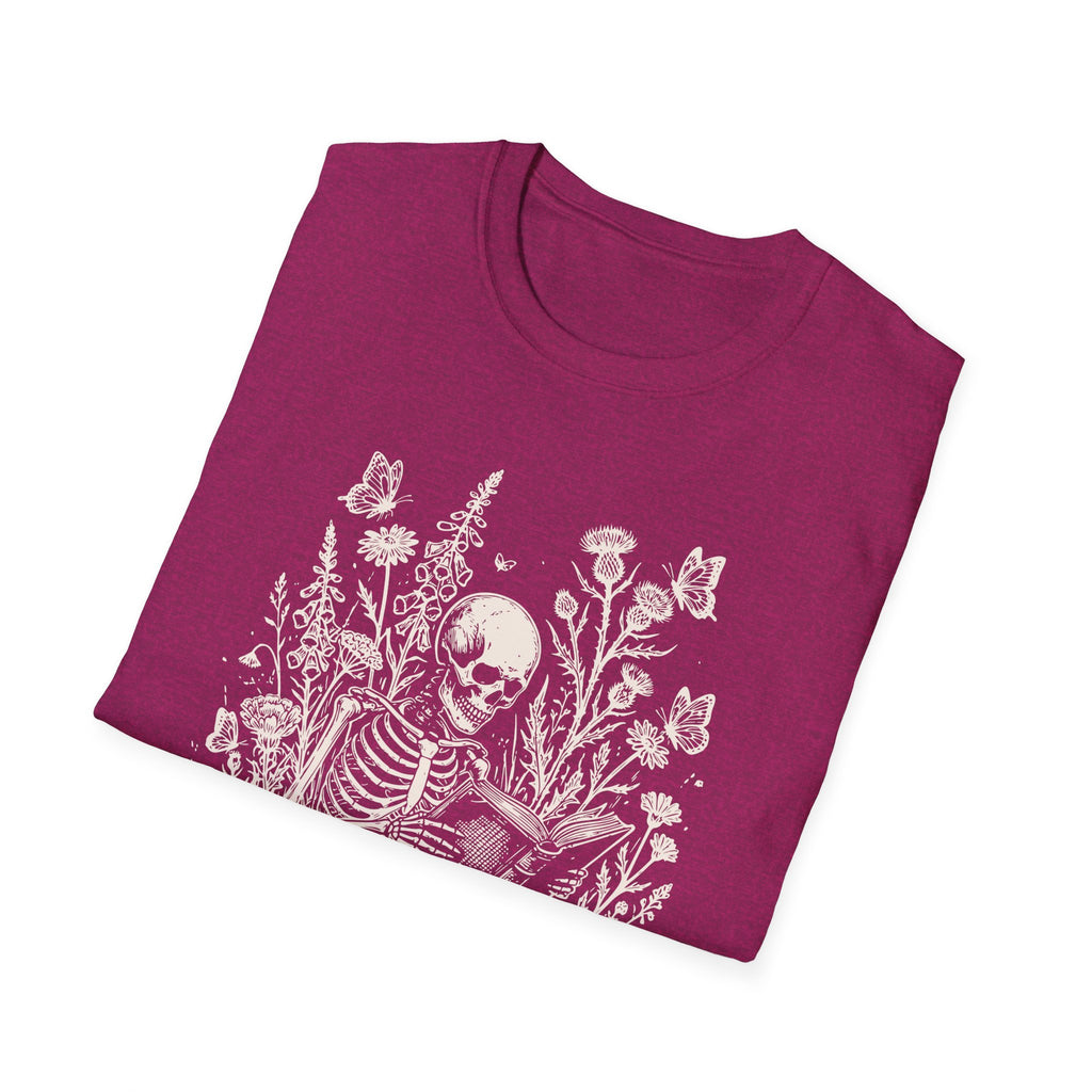 Skeleton Reading in Wildflowers T-Shirt — Gothic Floral Skull Tee