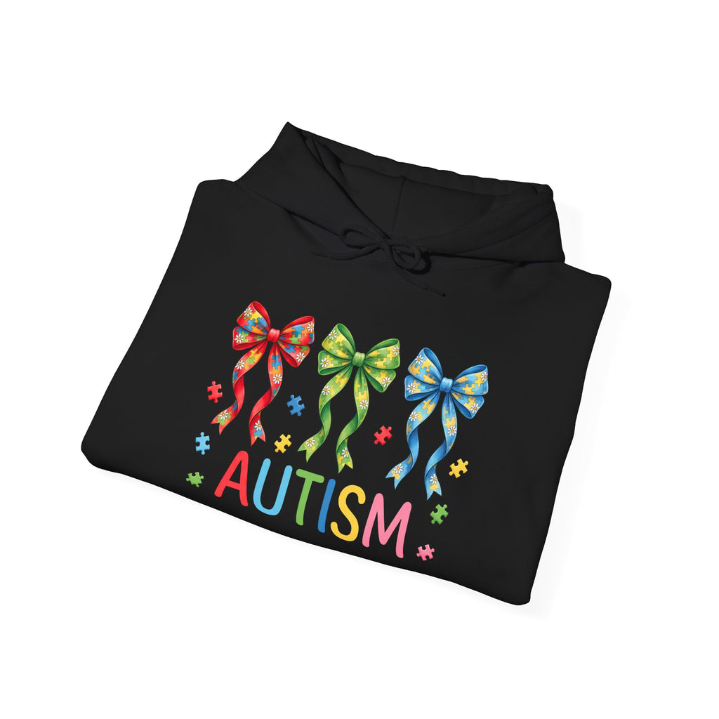 Autism Awareness Hoodie — Rainbow Puzzle Bows Design