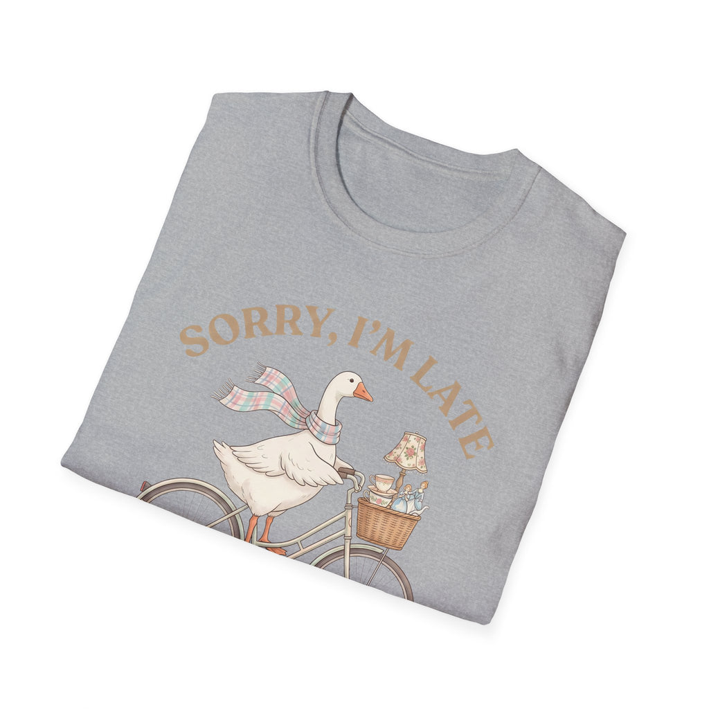 Thrifting Goose T‑Shirt — "Sorry I'm Late I Was Busy Thrifting" Vintage Bike Design