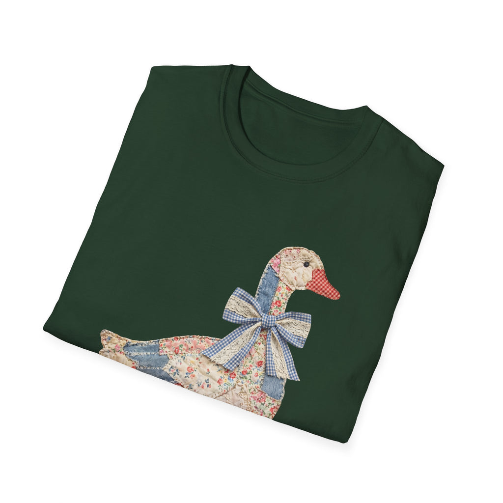 Vintage Patchwork Duck T-Shirt — Cute Floral Goose with Bow Tee