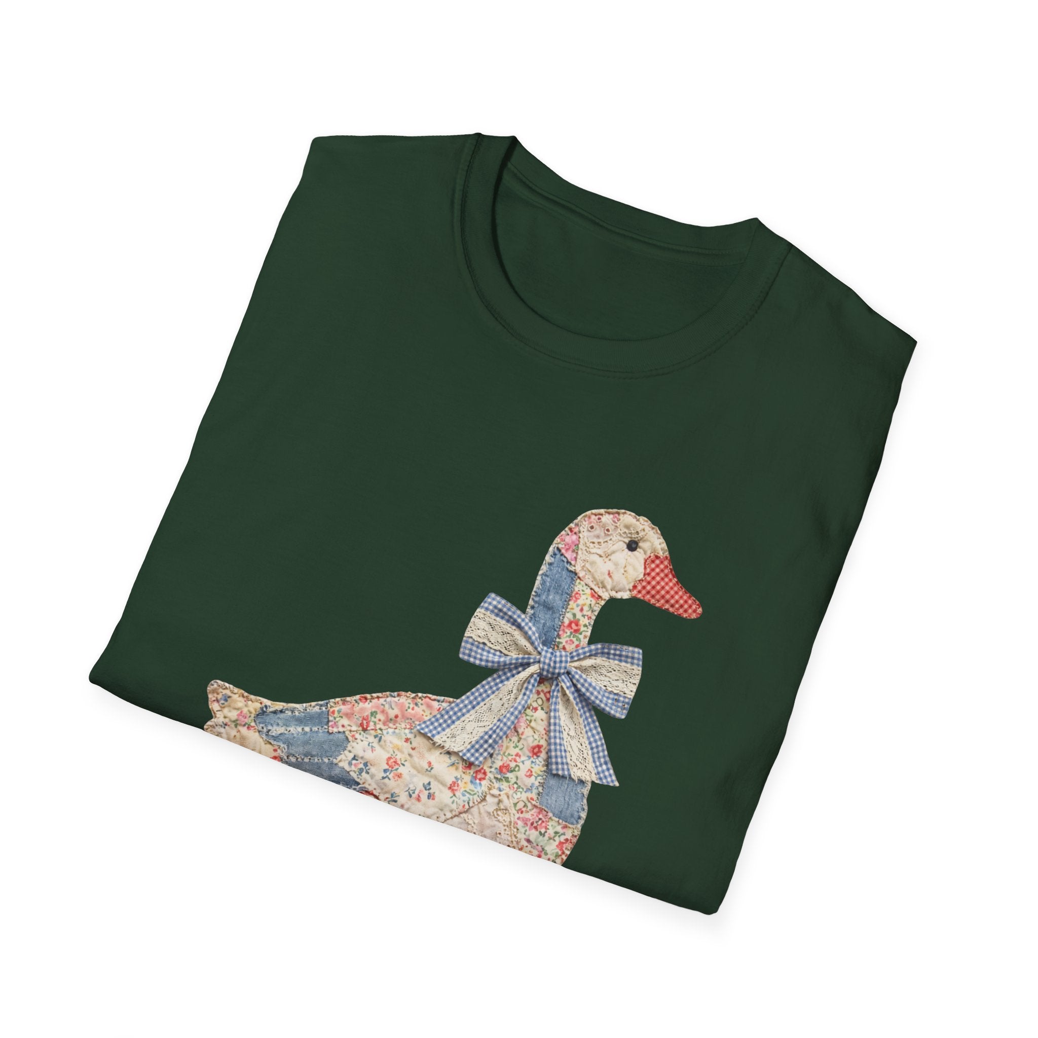 Vintage Patchwork Duck T-Shirt — Cute Floral Goose with Bow Tee