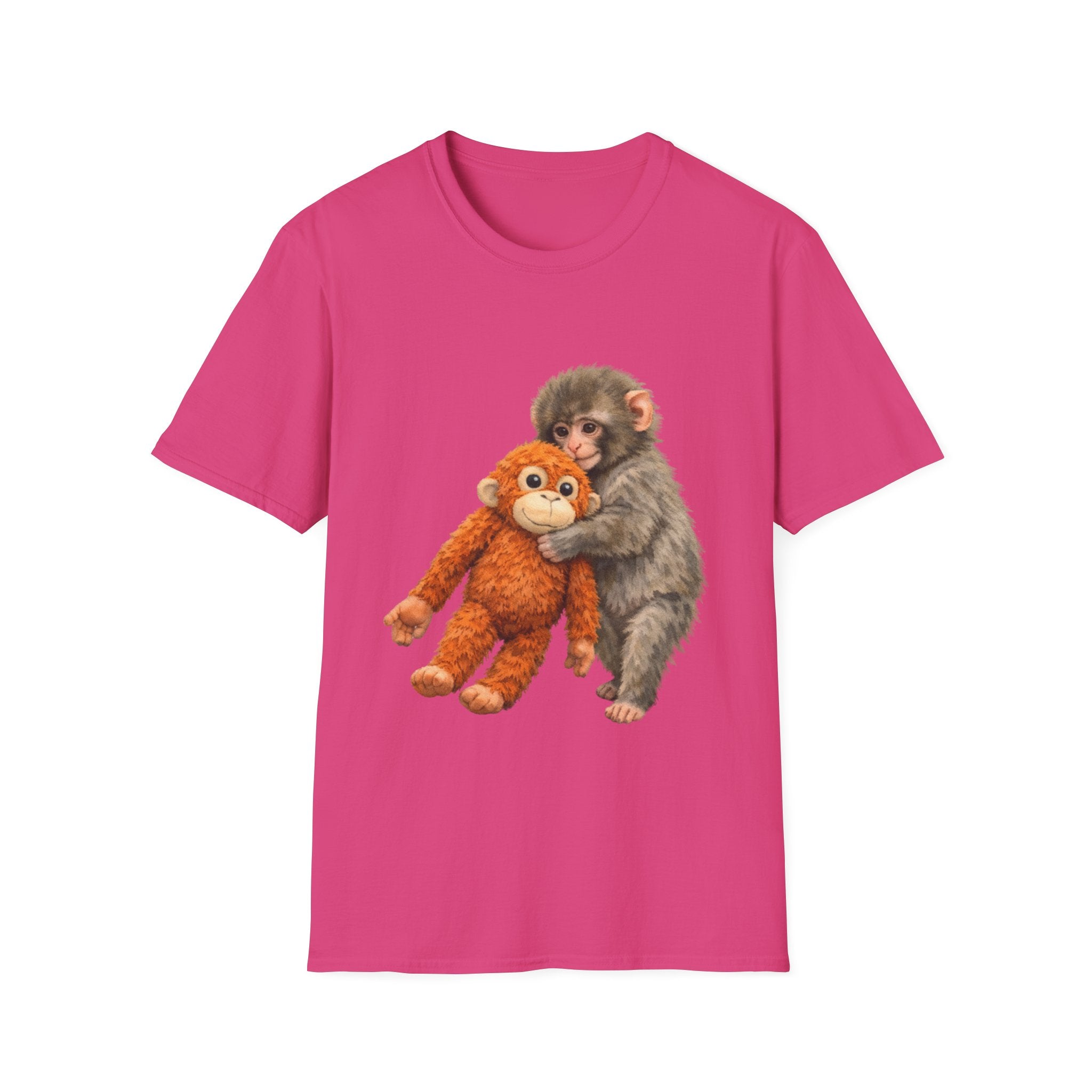 Chimpanzee with Stuffed Monkey T‑Shirt — Cute Baby Ape Holding Plush Tee