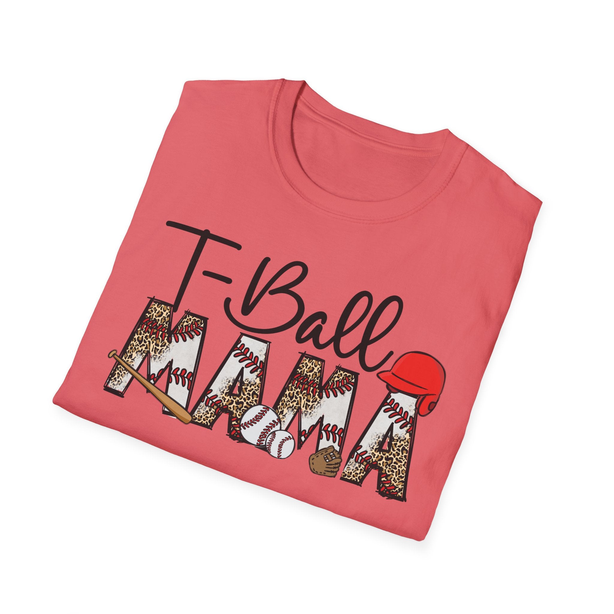 T‑Ball Mama T-Shirt — Leopard Print 'Mama' with Red Cap, Cute Sports Mom Tee