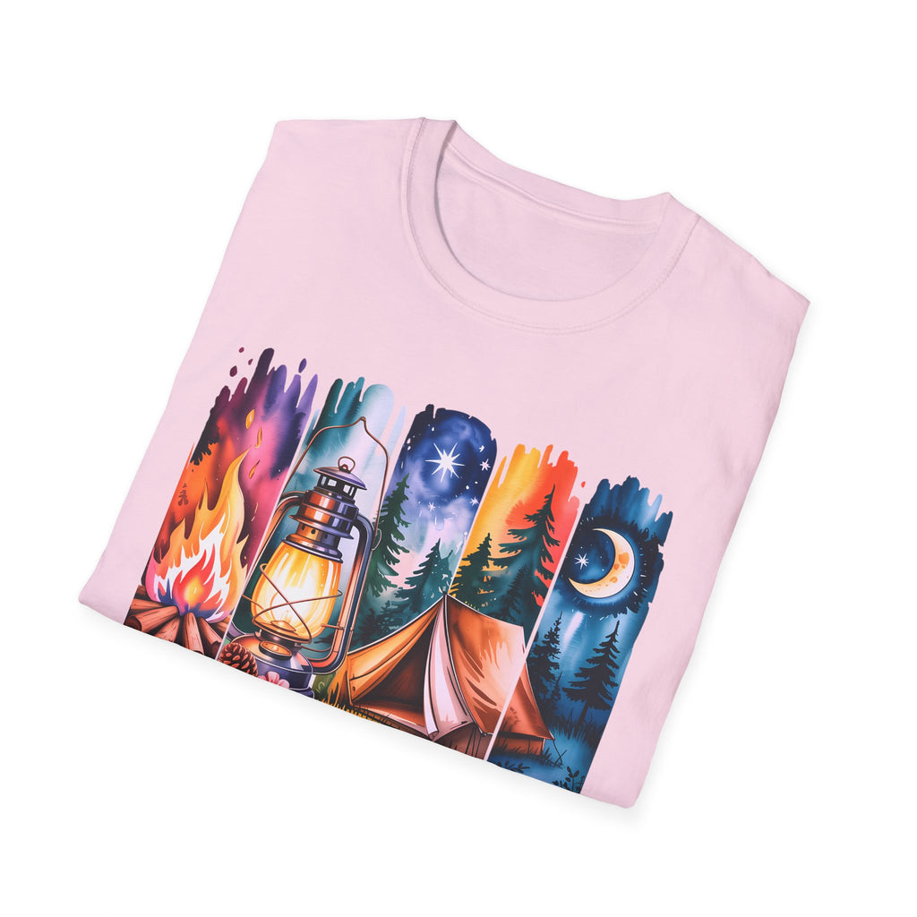 Camping Mode T-Shirt — Watercolor Campfire Lantern Tent Graphic Tee