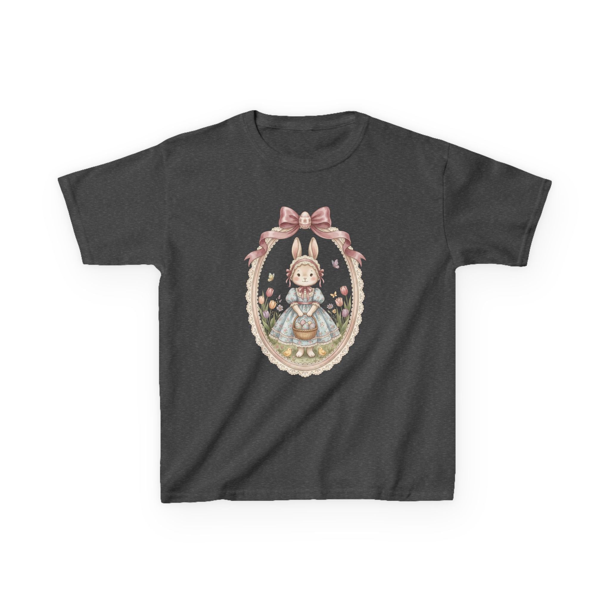 Kids T-Shirt — Vintage Bunny Girl Oval Portrait Tee (Pastel Floral, Bow Accent)