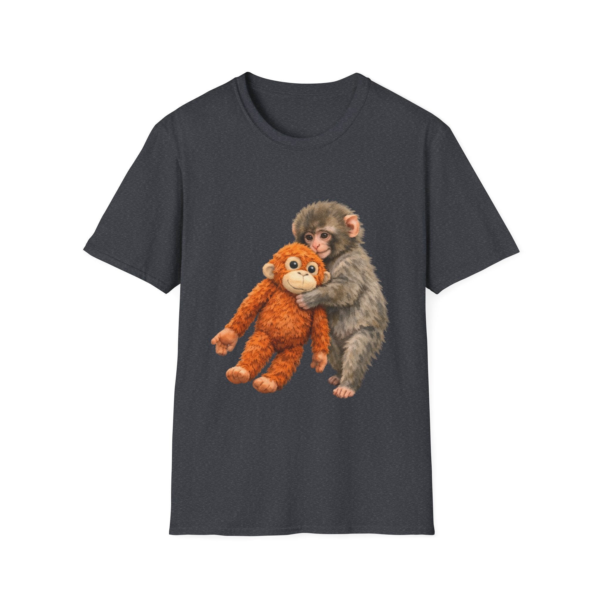 Chimpanzee with Stuffed Monkey T‑Shirt — Cute Baby Ape Holding Plush Tee