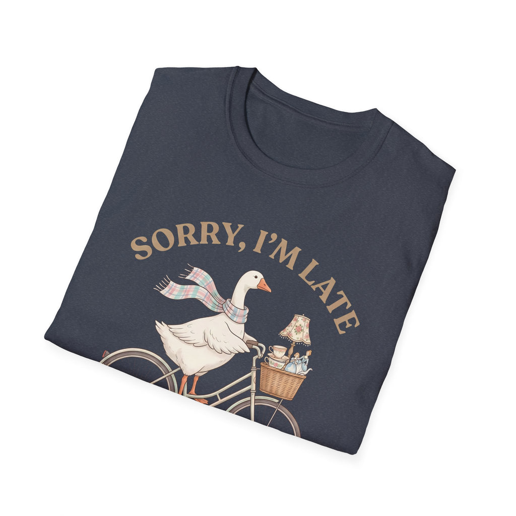 Thrifting Goose T‑Shirt — "Sorry I'm Late I Was Busy Thrifting" Vintage Bike Design
