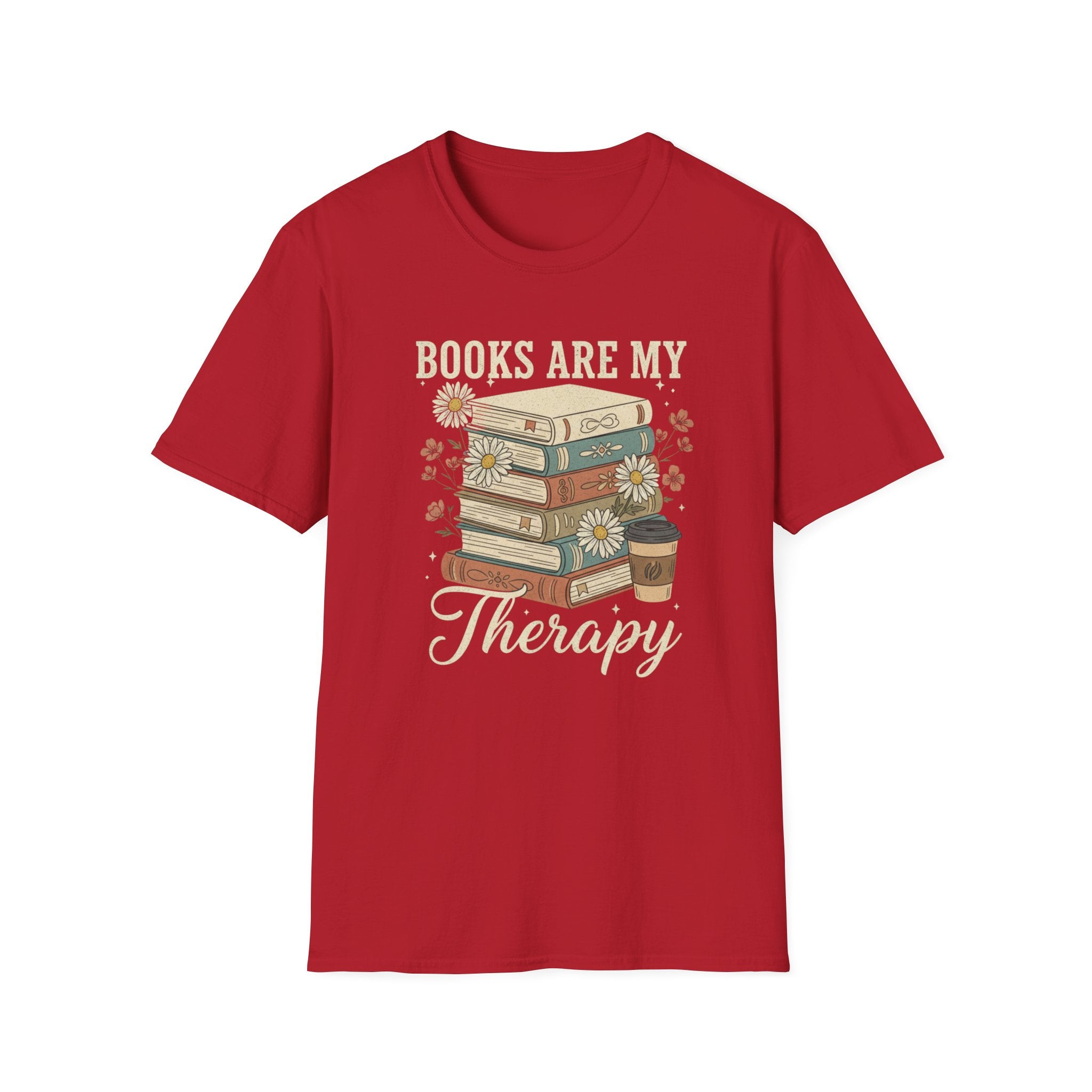 Books Are My Therapy T-Shirt — Stack of Books & Coffee Literary Tee
