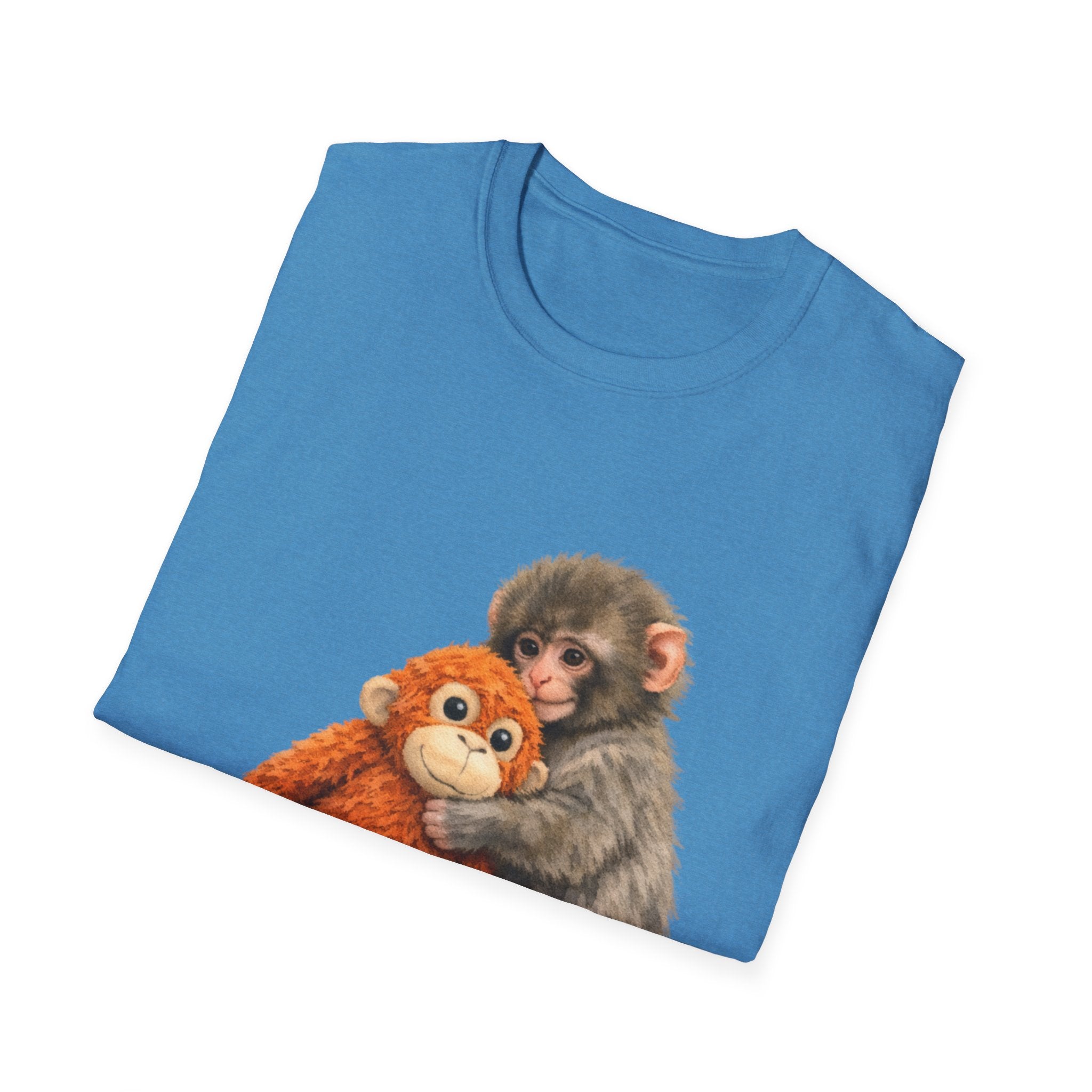 Chimpanzee with Stuffed Monkey T‑Shirt — Cute Baby Ape Holding Plush Tee