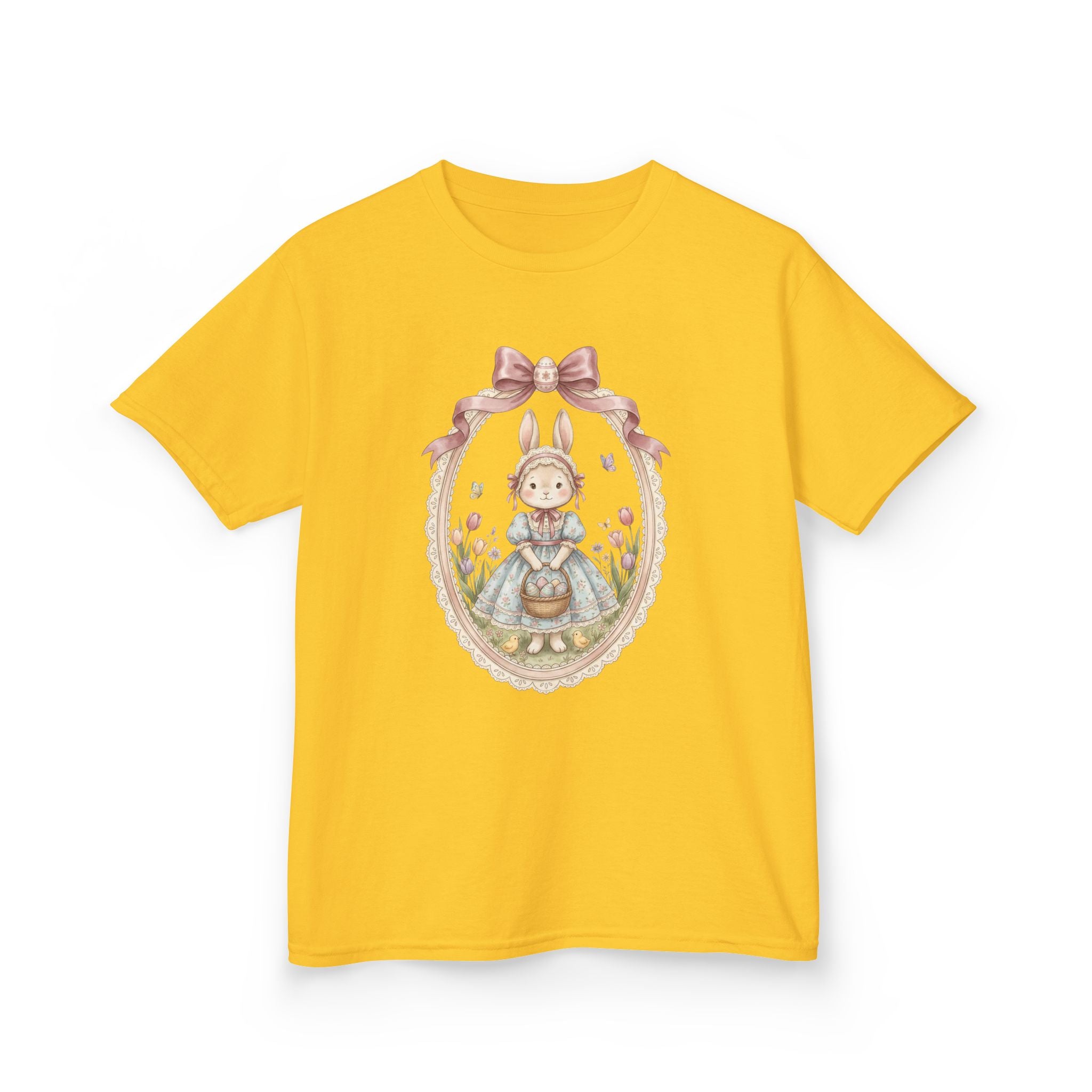 Kids T-Shirt — Vintage Bunny Girl Oval Portrait Tee (Pastel Floral, Bow Accent)