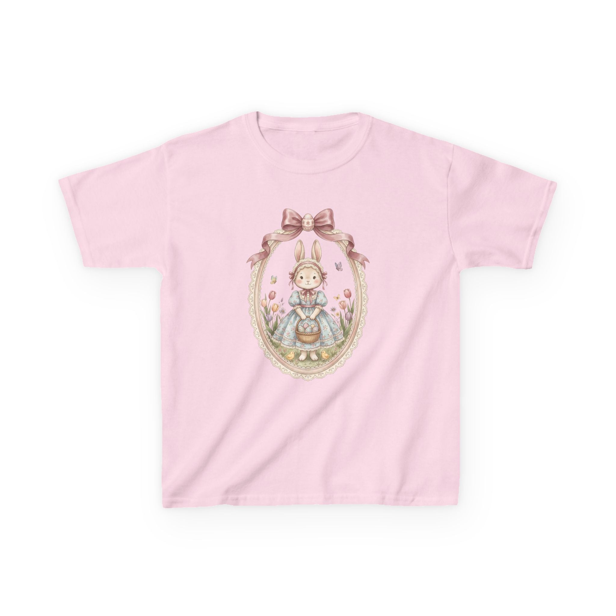 Kids T-Shirt — Vintage Bunny Girl Oval Portrait Tee (Pastel Floral, Bow Accent)