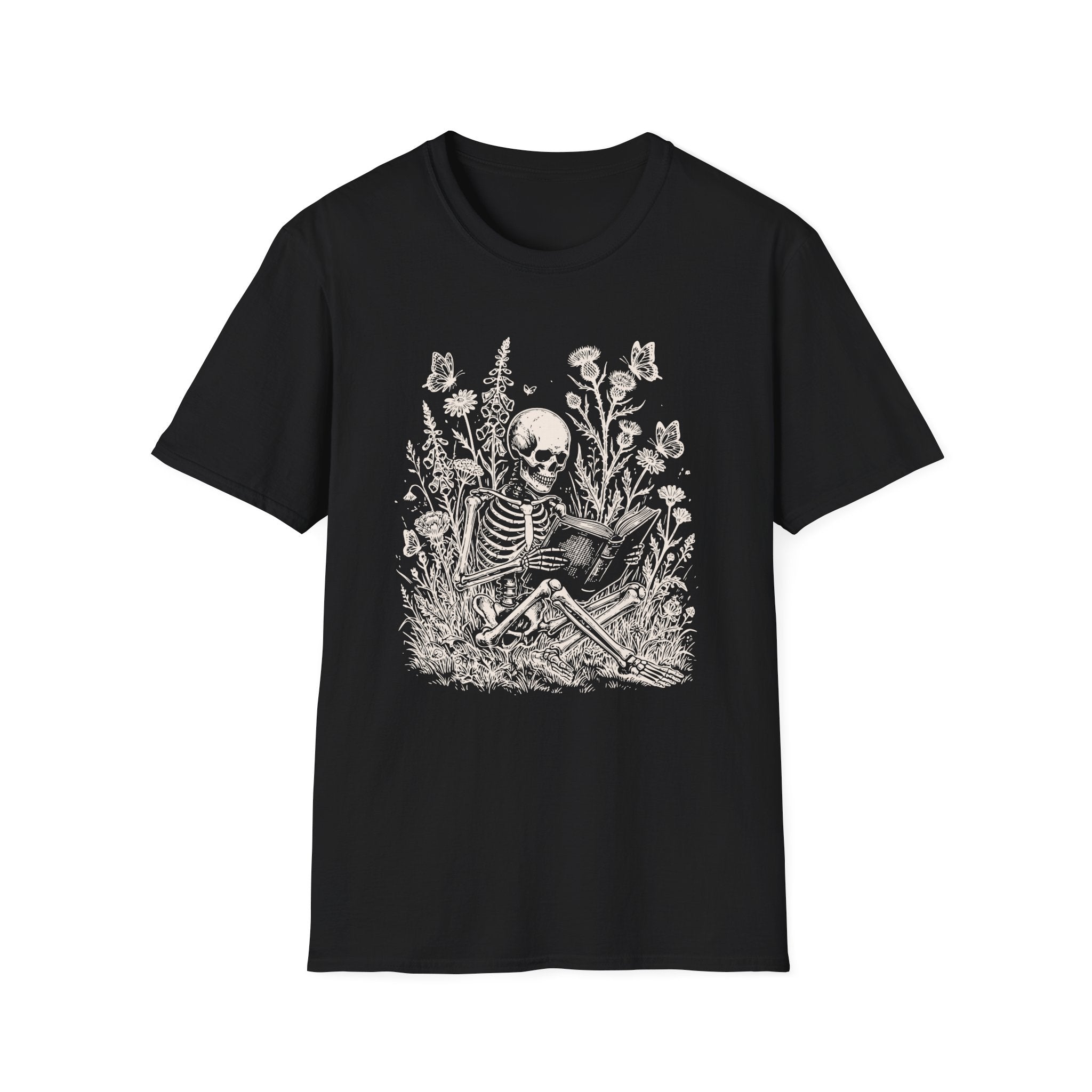 Skeleton Reading in Wildflowers T-Shirt — Gothic Floral Skull Tee