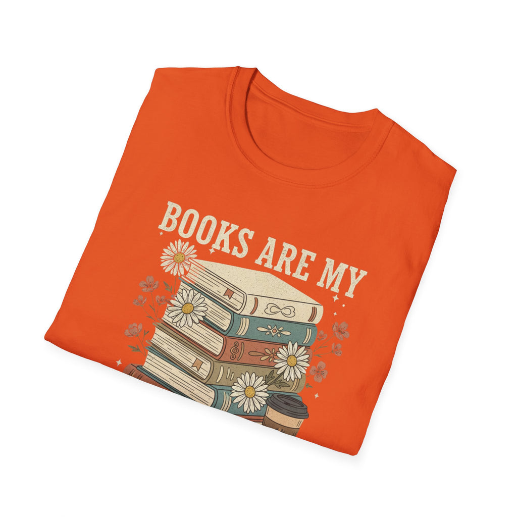 Books Are My Therapy T-Shirt — Stack of Books & Coffee Literary Tee