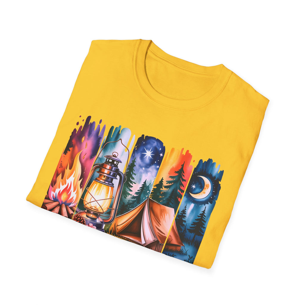 Camping Mode T-Shirt — Watercolor Campfire Lantern Tent Graphic Tee