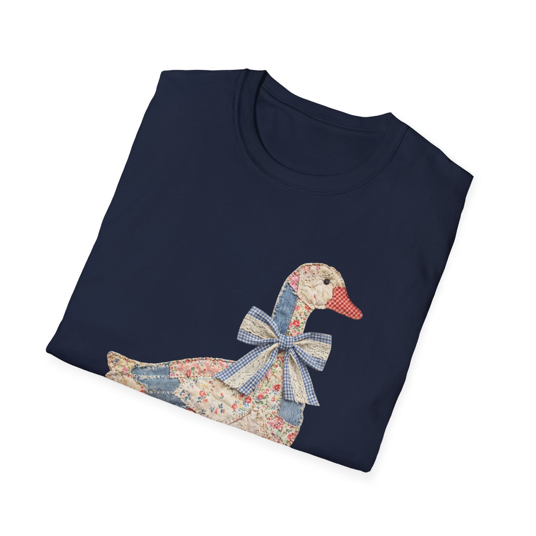Vintage Patchwork Duck T-Shirt — Cute Floral Goose with Bow Tee