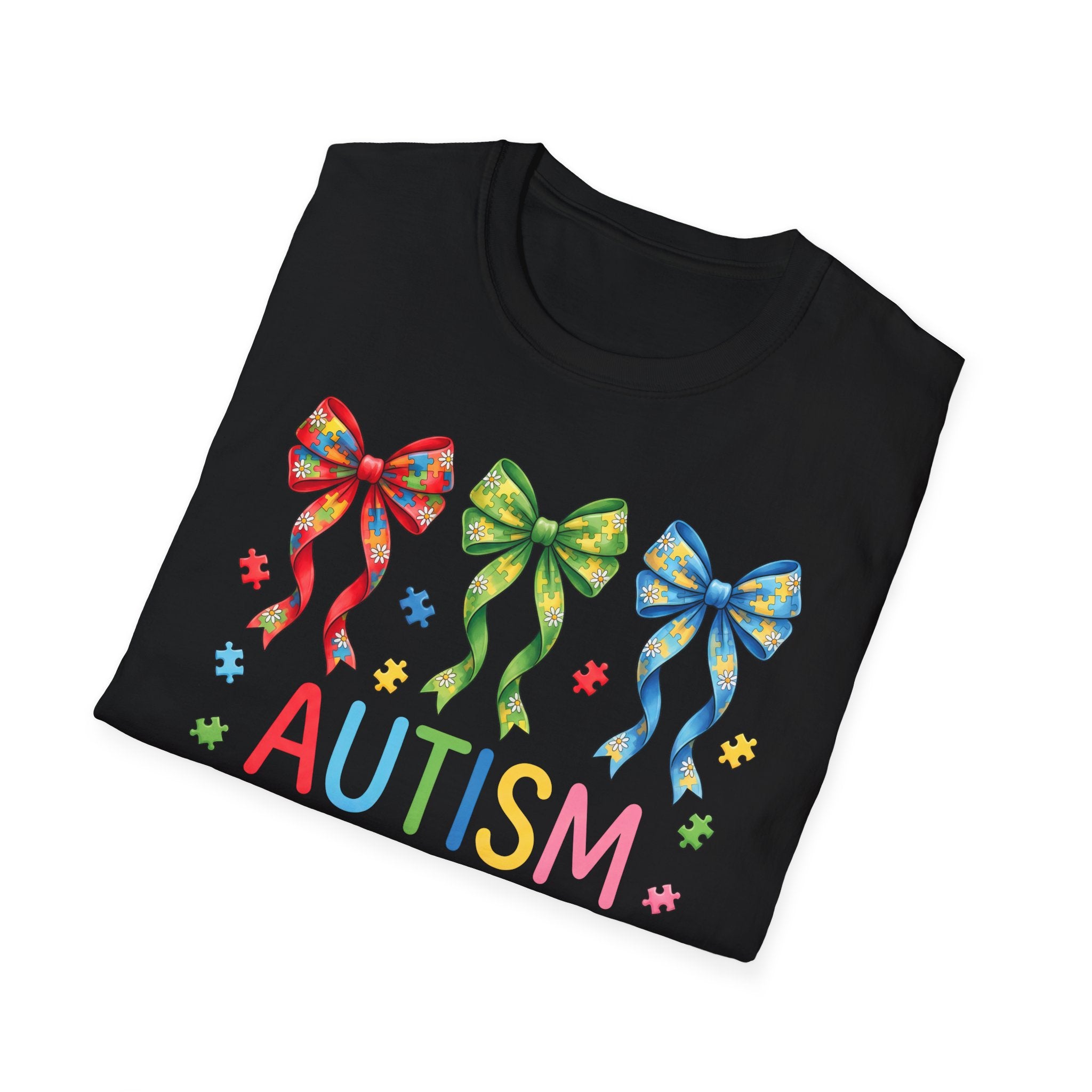 Autism Awareness T-Shirt — "Autism: Accept • Understand • Love" with Colorful Ribbon Bows