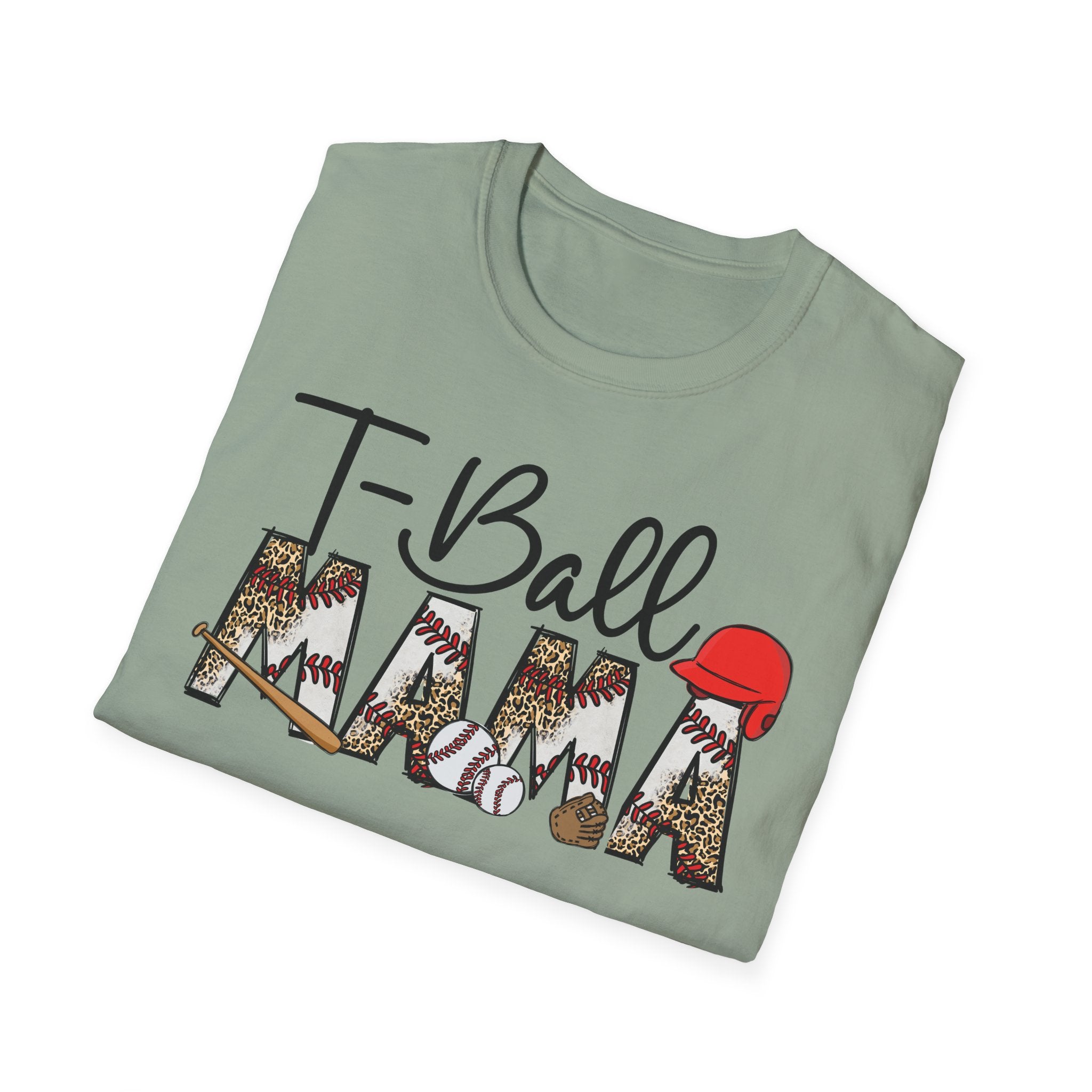 T‑Ball Mama T-Shirt — Leopard Print 'Mama' with Red Cap, Cute Sports Mom Tee