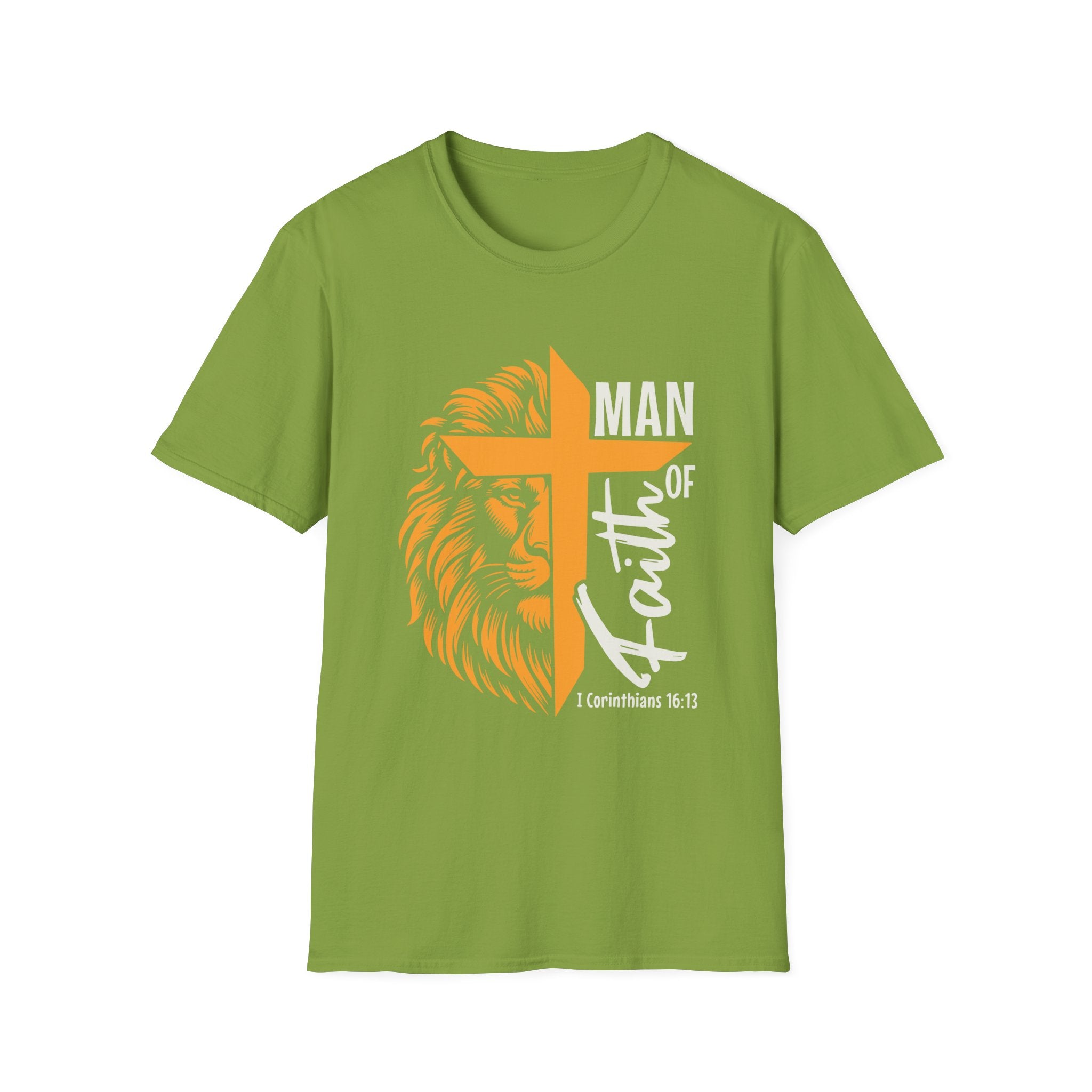 Man of Faith T-Shirt — Lion & Cross Christian Tee (1 Corinthians 16:13)