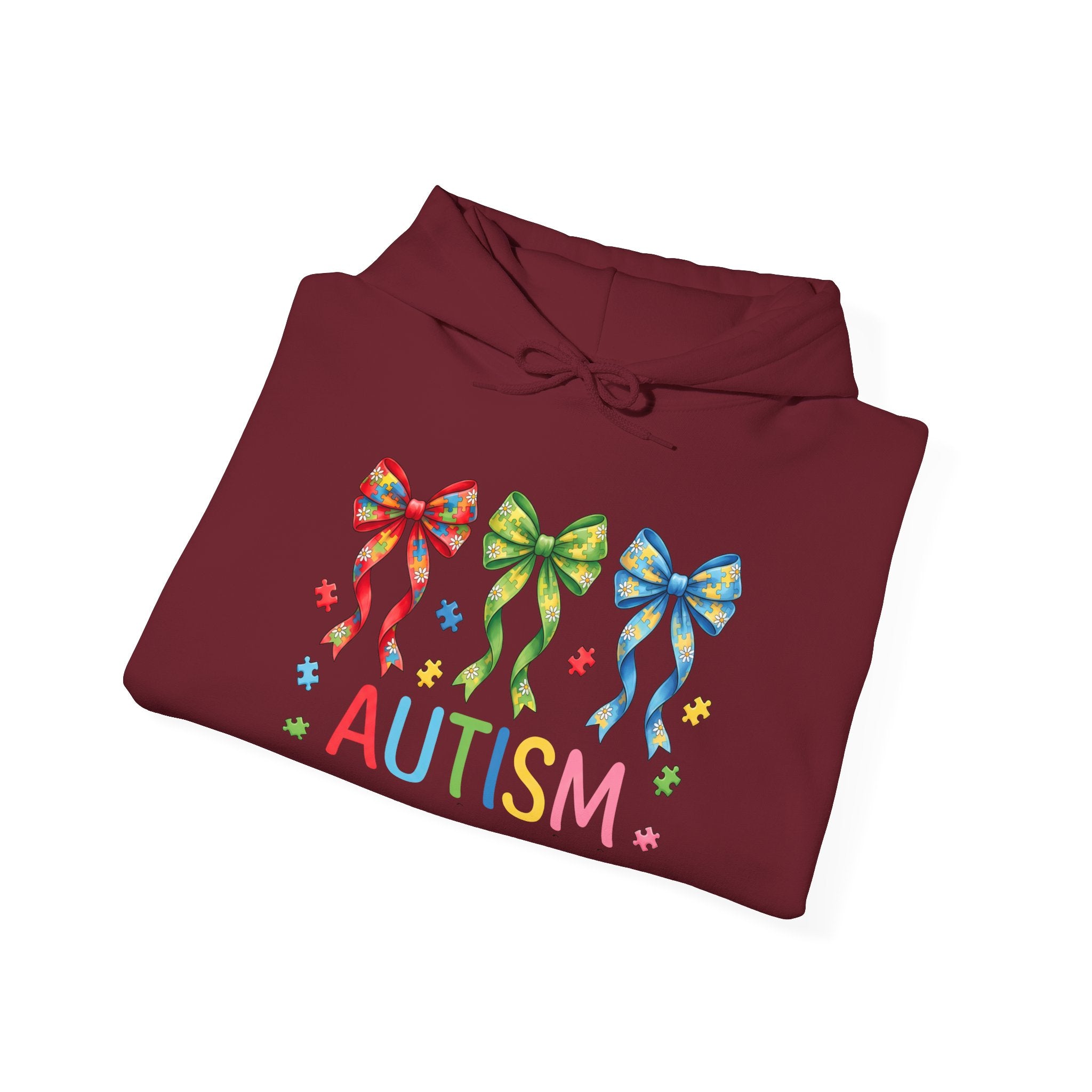 Autism Awareness Hoodie — Rainbow Puzzle Bows Design
