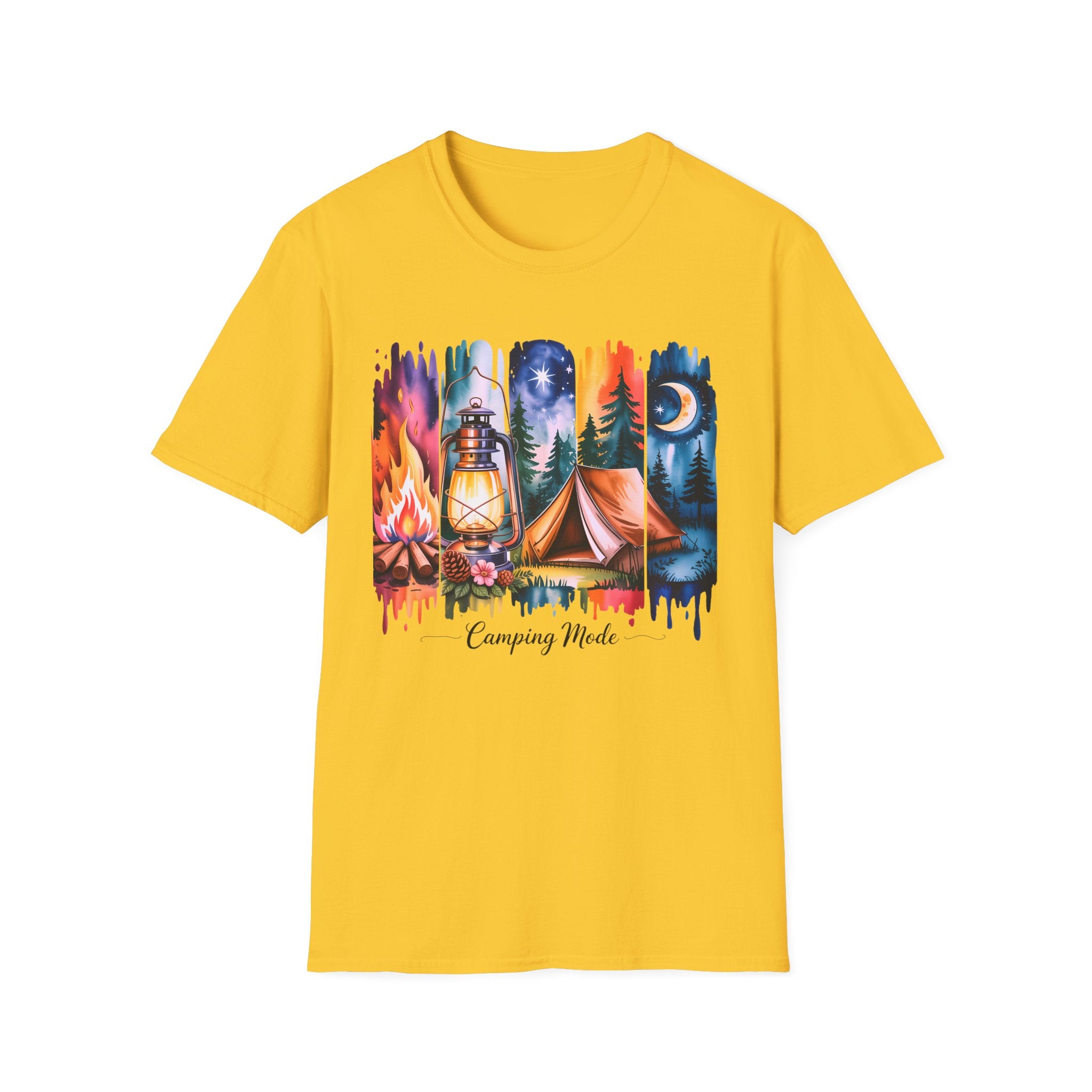 Camping Mode T-Shirt — Watercolor Campfire Lantern Tent Graphic Tee