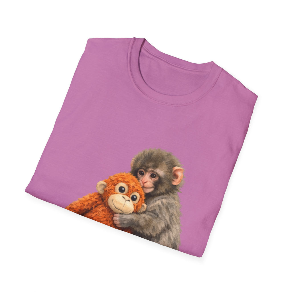 Chimpanzee with Stuffed Monkey T‑Shirt — Cute Baby Ape Holding Plush Tee