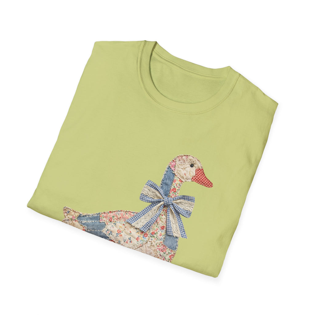 Vintage Patchwork Duck T-Shirt — Cute Floral Goose with Bow Tee