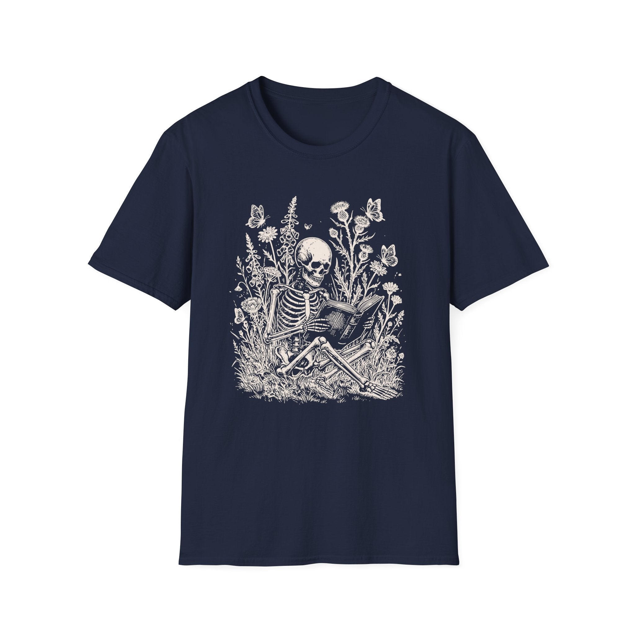 Skeleton Reading in Wildflowers T-Shirt — Gothic Floral Skull Tee