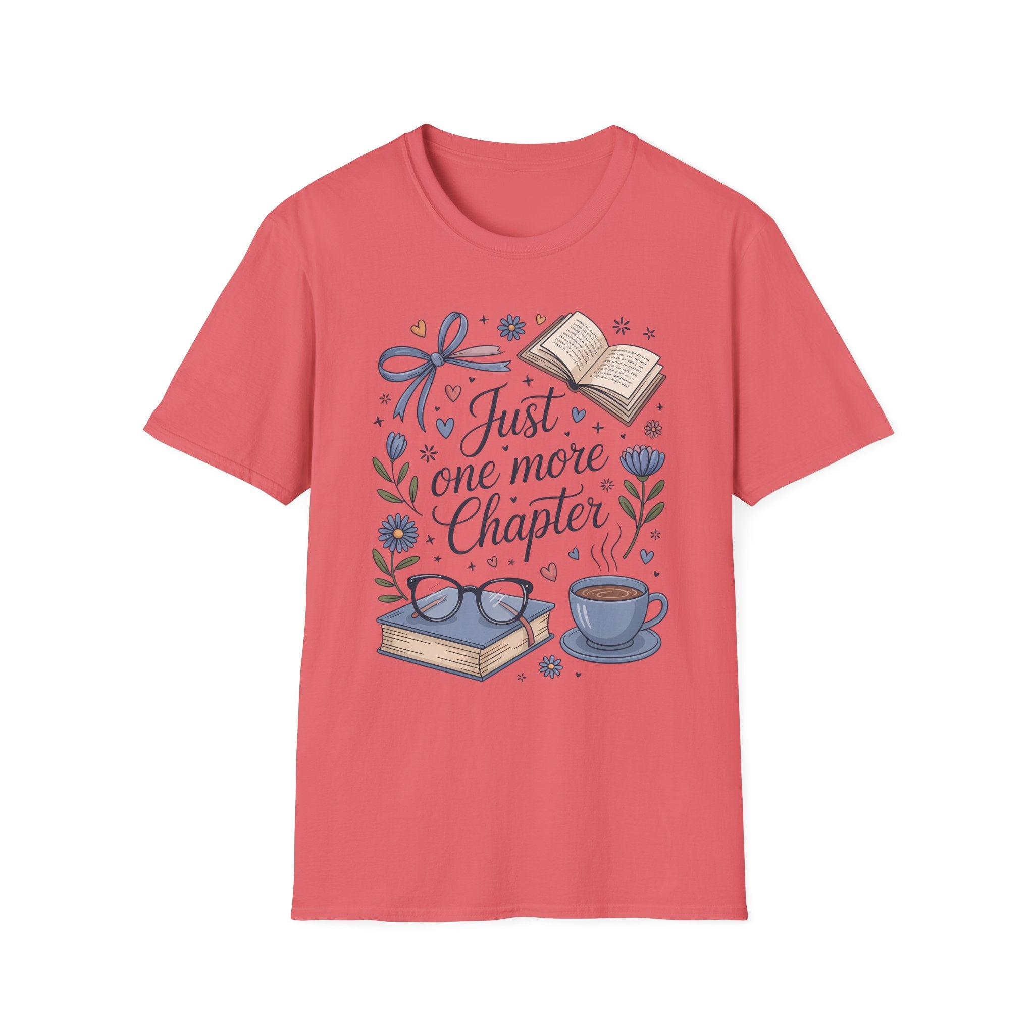 T-Shirt — "Just One More Chapter" Book Lover Tee with Glasses & Coffee