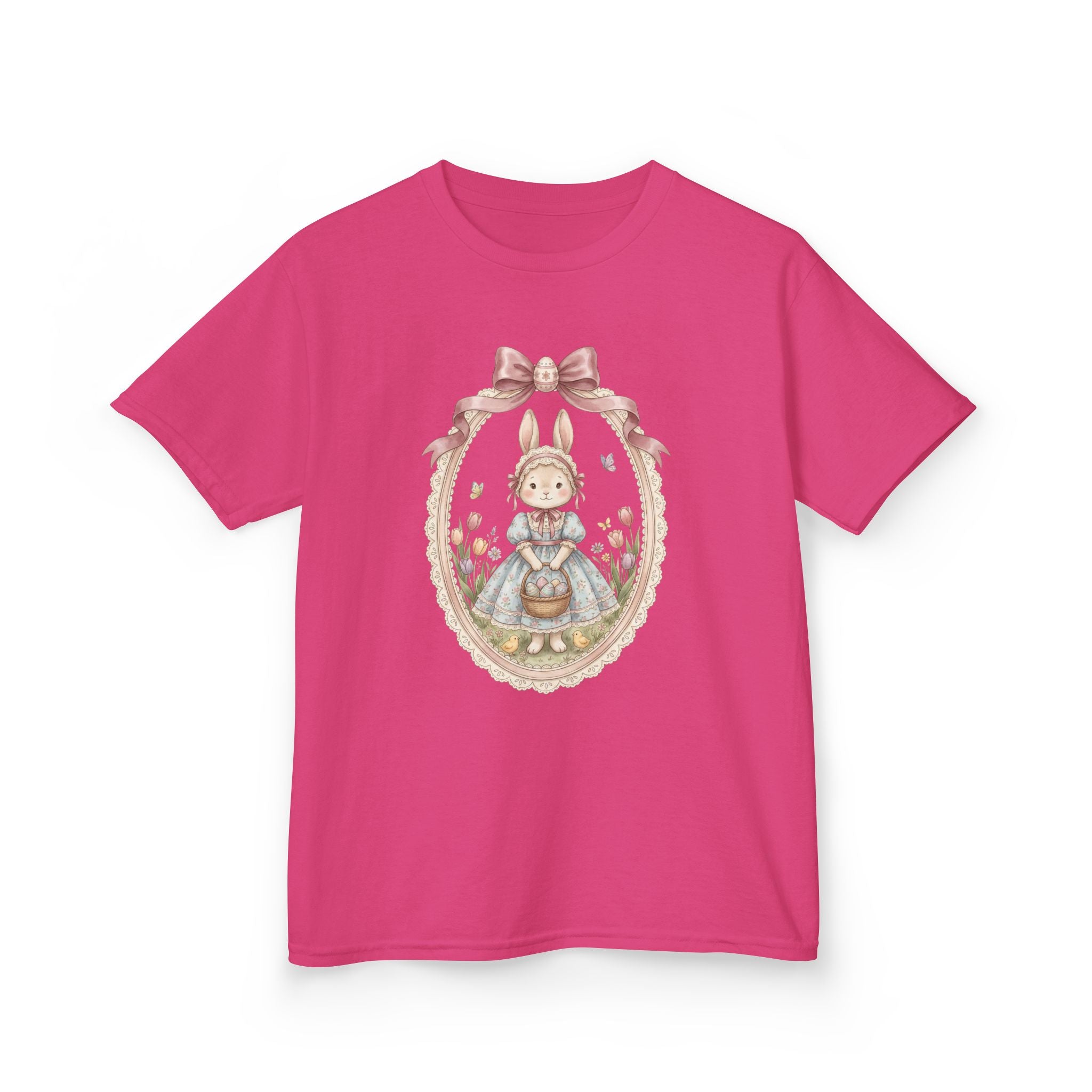 Kids T-Shirt — Vintage Bunny Girl Oval Portrait Tee (Pastel Floral, Bow Accent)