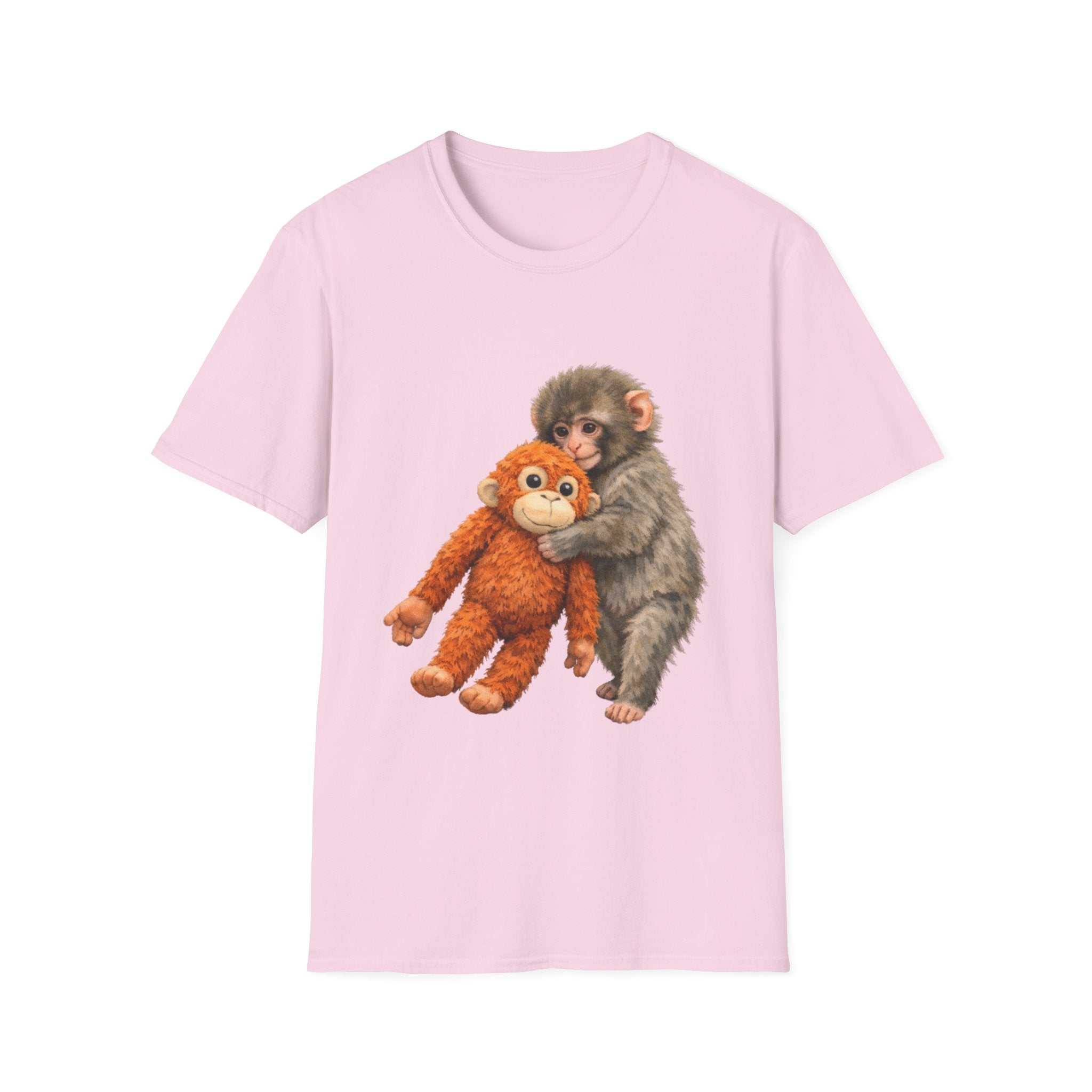 Chimpanzee with Stuffed Monkey T‑Shirt — Cute Baby Ape Holding Plush Tee