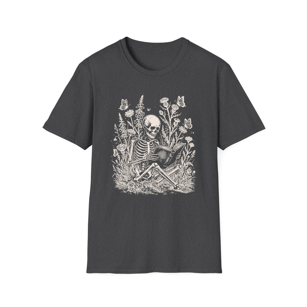 Skeleton Reading in Wildflowers T-Shirt — Gothic Floral Skull Tee