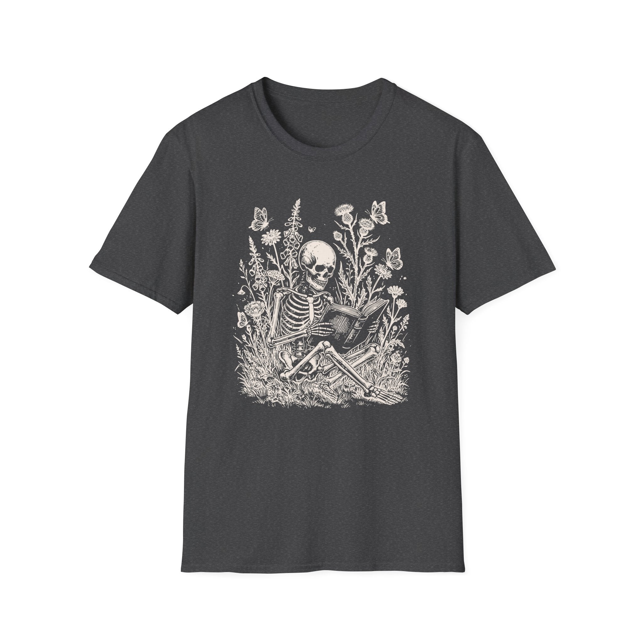 Skeleton Reading in Wildflowers T-Shirt — Gothic Floral Skull Tee