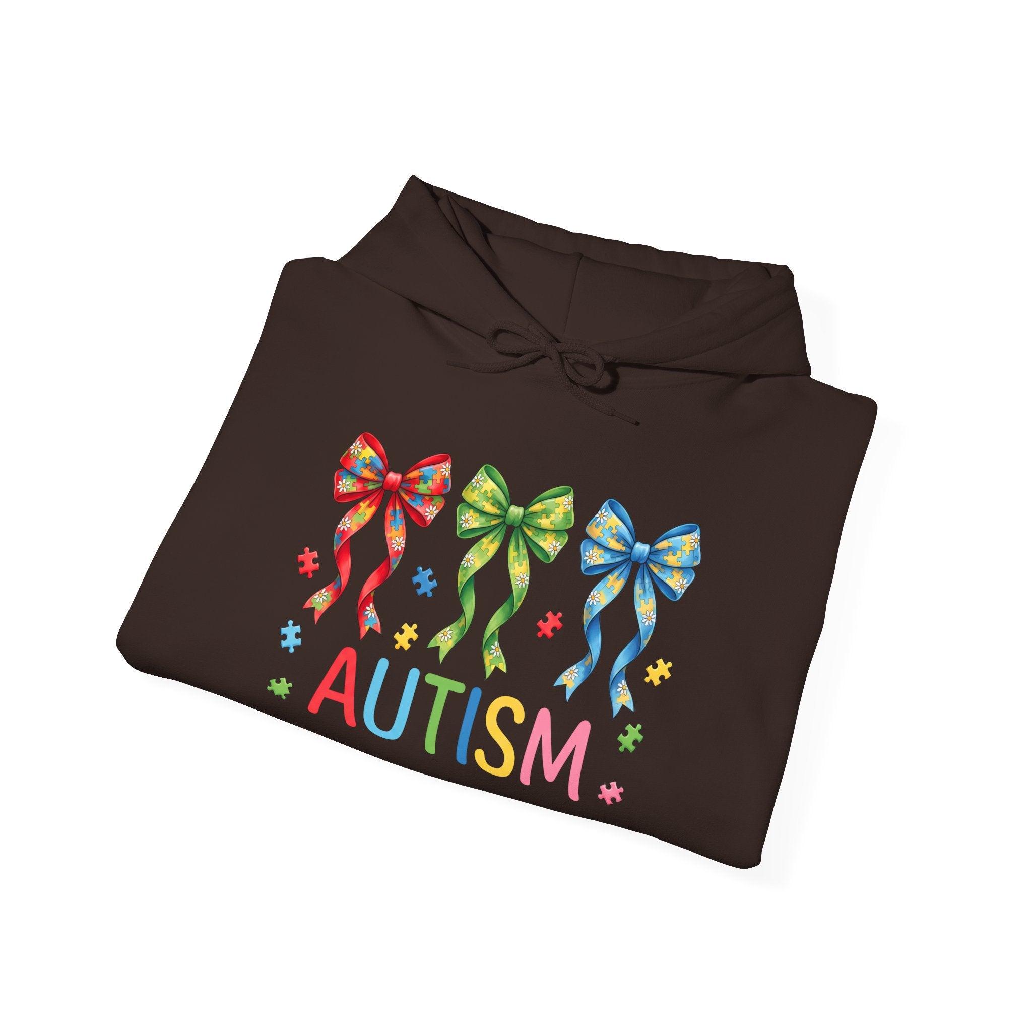 Autism Awareness Hoodie — Rainbow Puzzle Bows Design