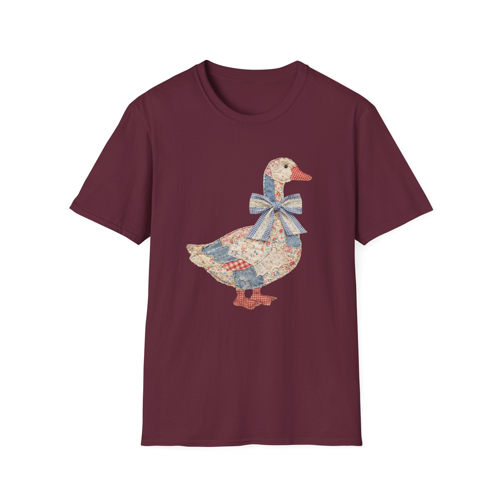 Vintage Patchwork Duck T-Shirt — Cute Floral Goose with Bow Tee