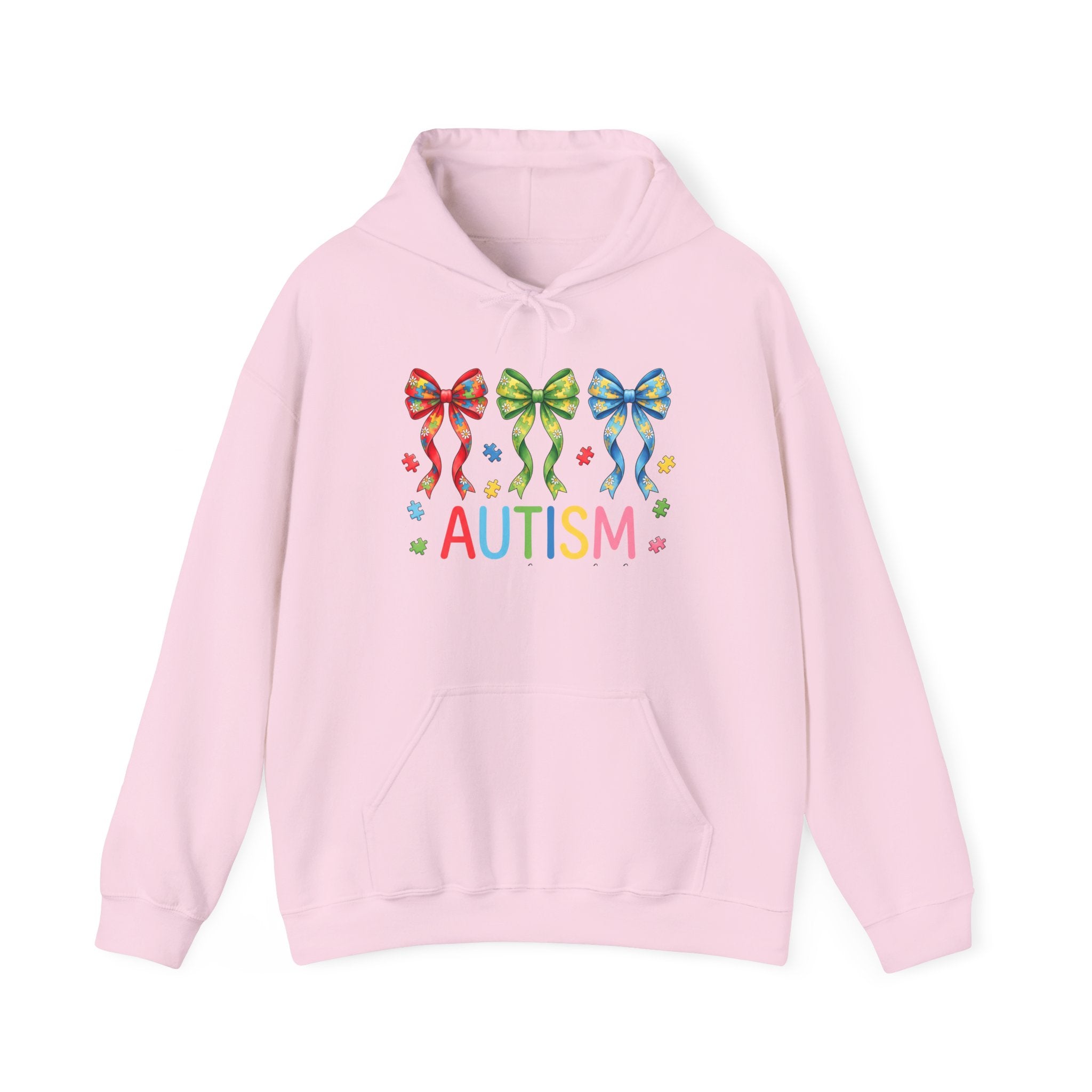 Autism Awareness Hoodie — Rainbow Puzzle Bows Design