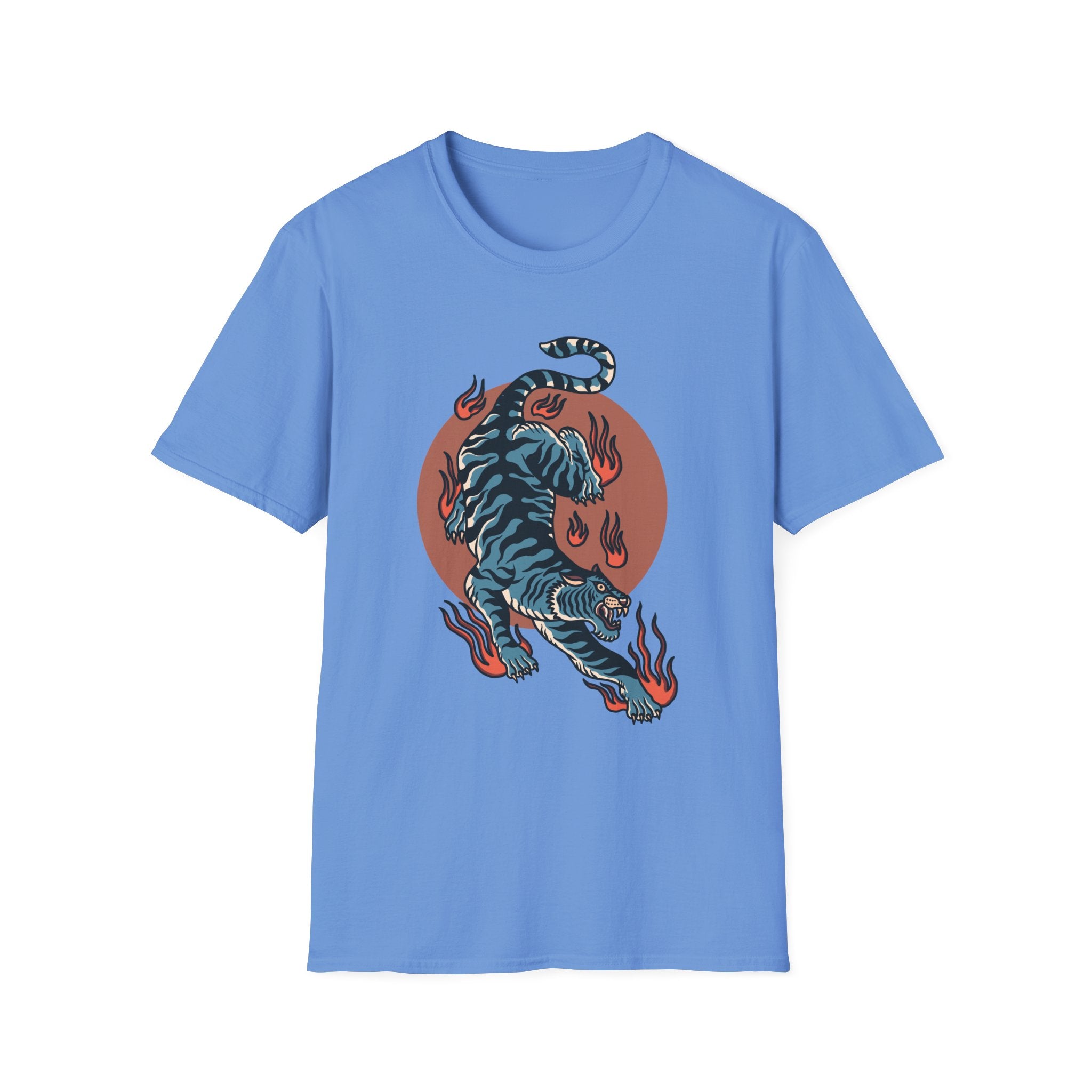 Tiger Blaze T-Shirt — Retro Flaming Tiger Graphic Tee