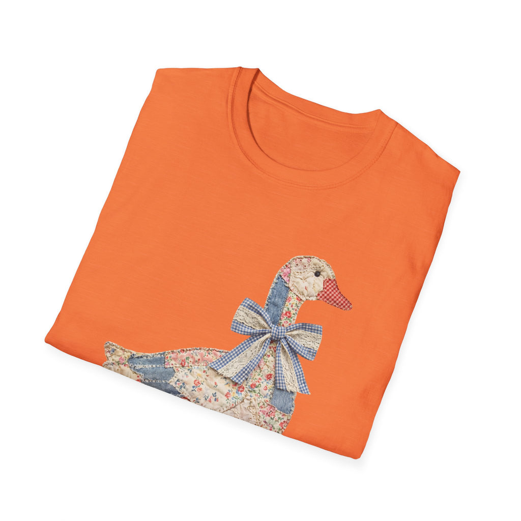 Vintage Patchwork Duck T-Shirt — Cute Floral Goose with Bow Tee