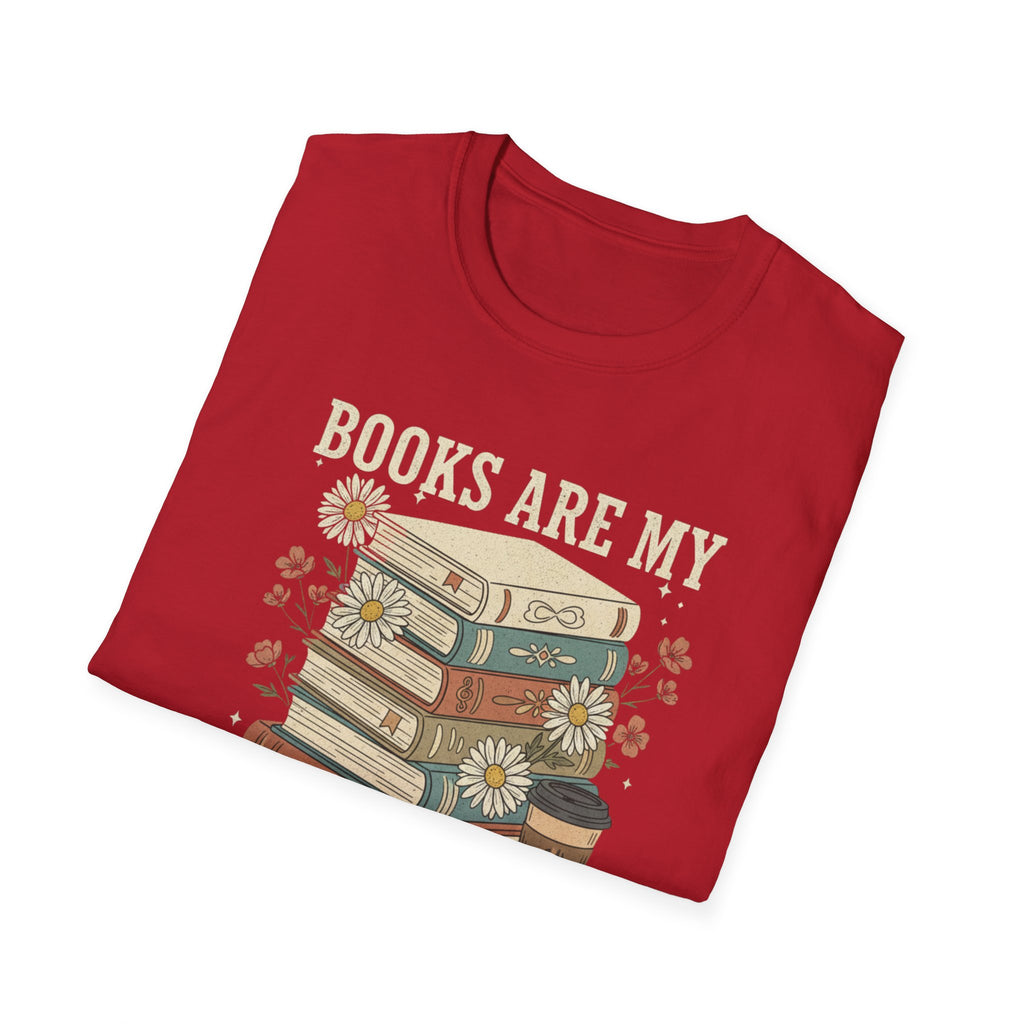 Books Are My Therapy T-Shirt — Stack of Books & Coffee Literary Tee