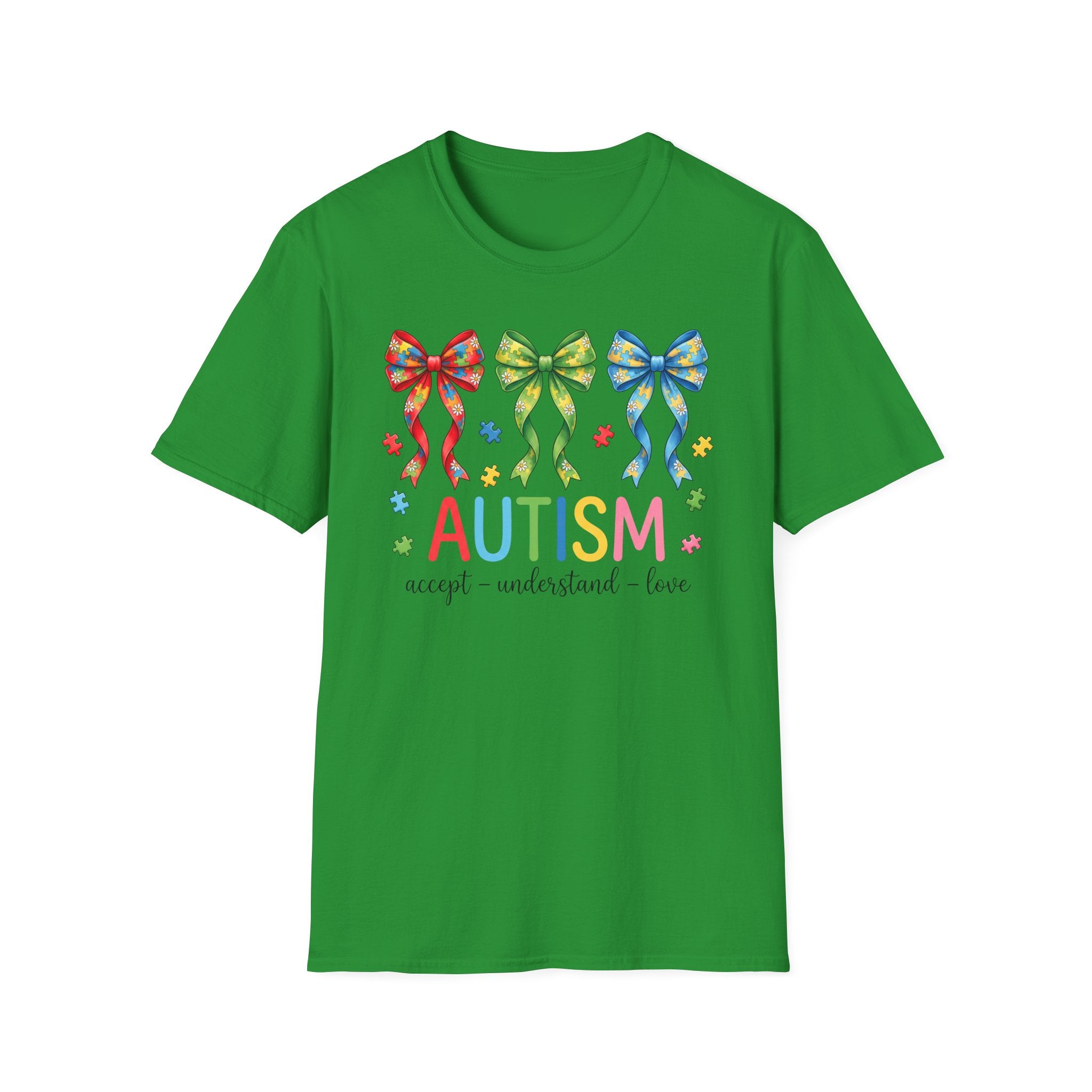 Autism Awareness T-Shirt — "Autism: Accept • Understand • Love" with Colorful Ribbon Bows