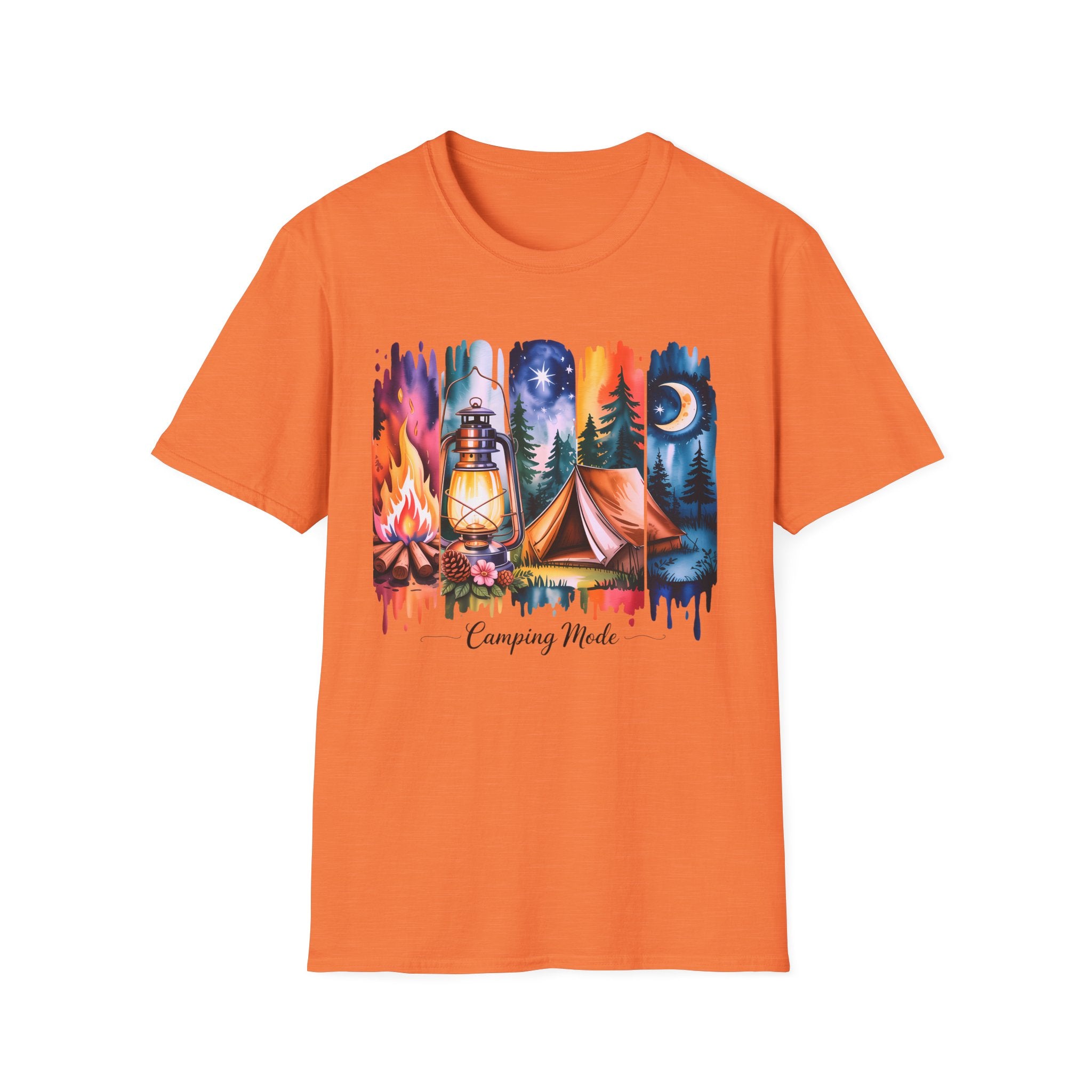 Camping Mode T-Shirt — Watercolor Campfire Lantern Tent Graphic Tee